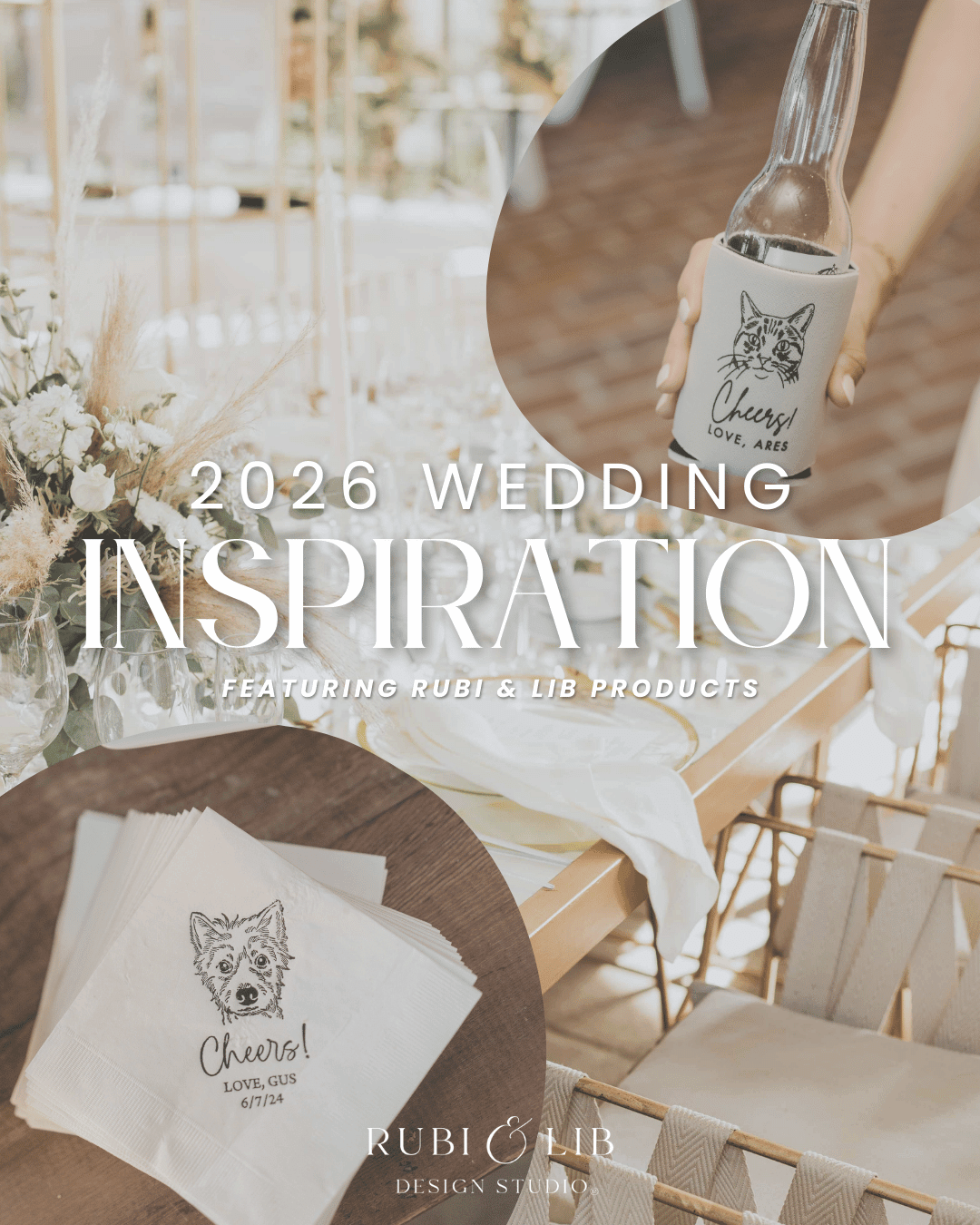 ustom wedding décor featuring pet portrait napkins and can coolers on elegant wedding tablescape with neutral tones