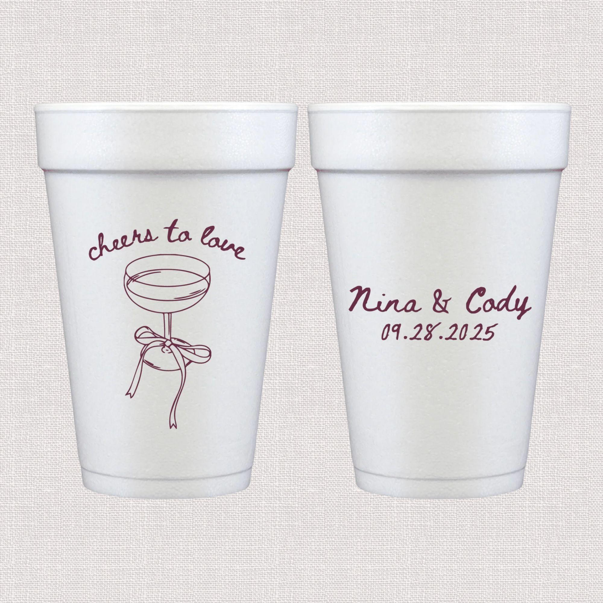 White foam cups with burgundy champagne glass and personalized wedding text design