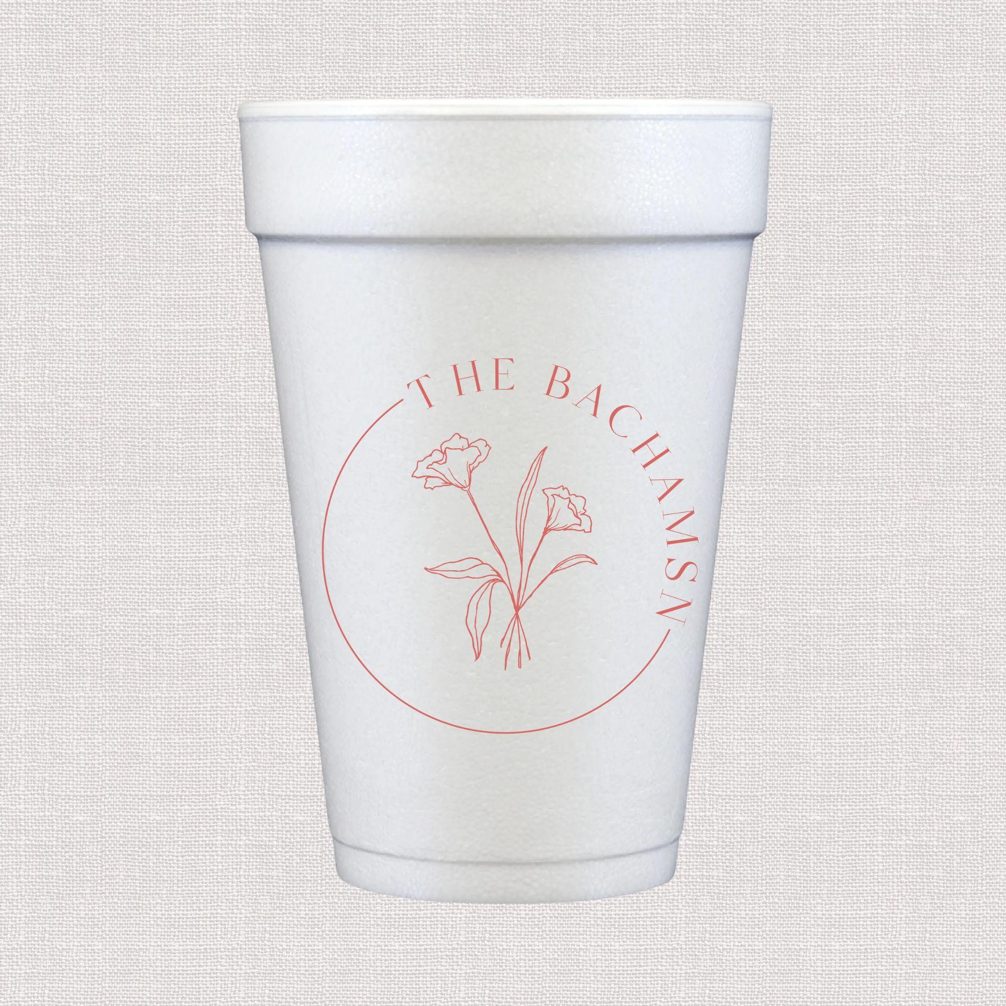 White foam cup with coral floral circle and personalized wedding text design