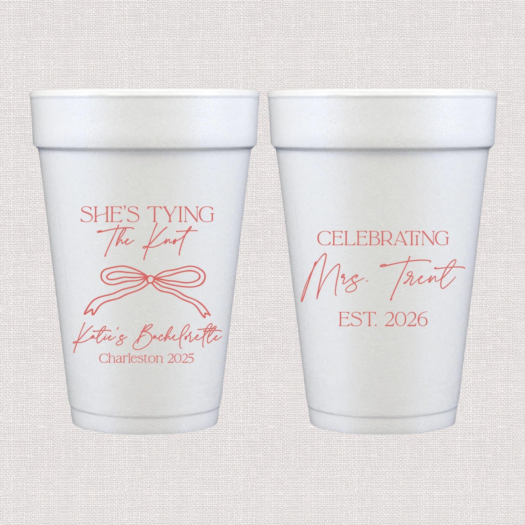 White foam cups with coral bride design and personalized wedding text