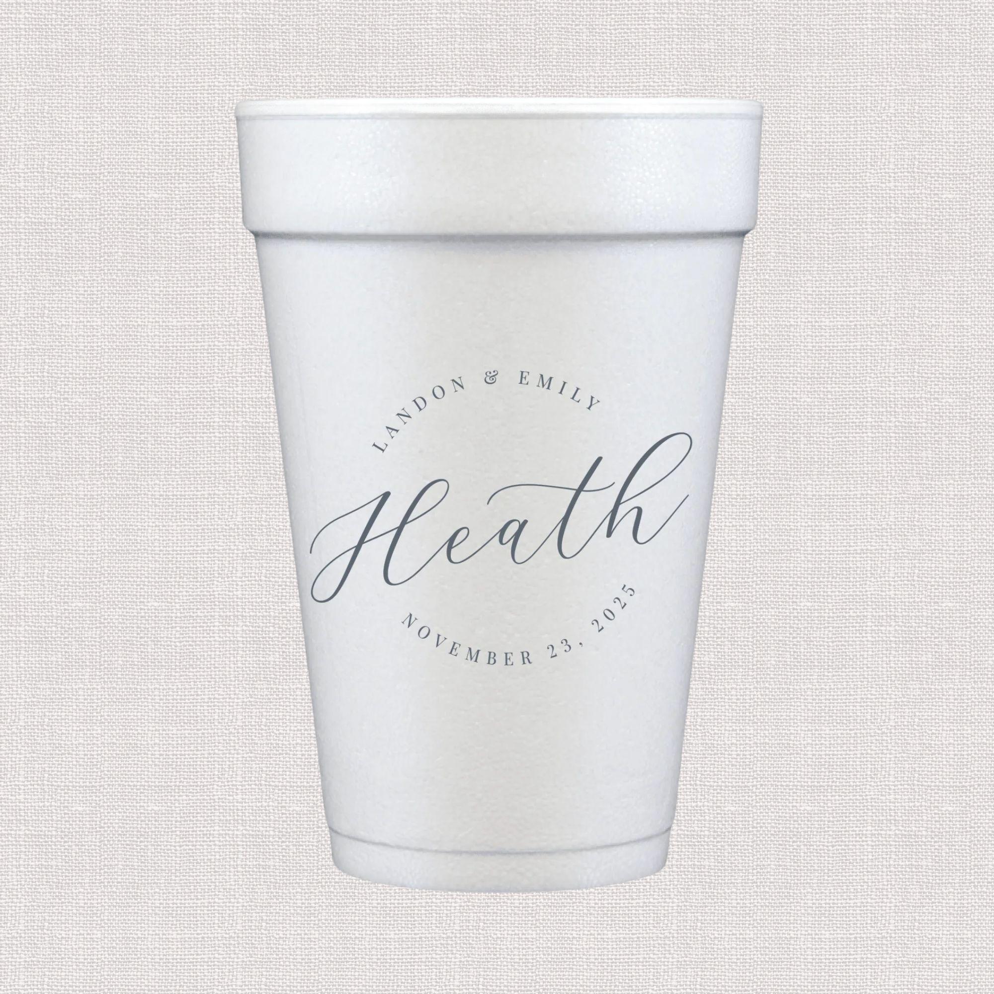 White foam cup with personalized script text and elegant wedding design in gray print