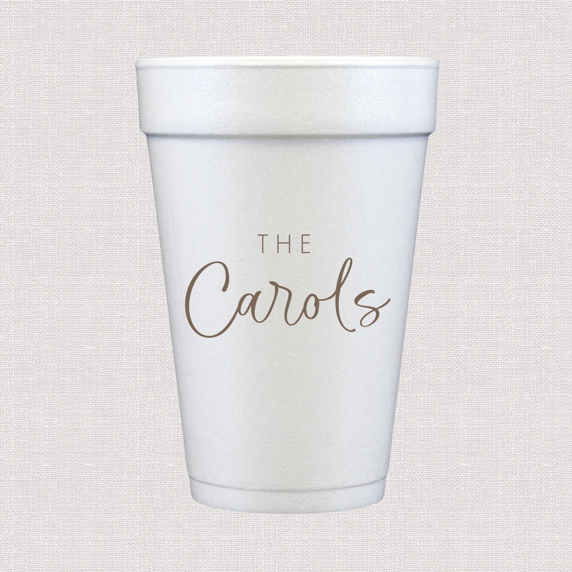 White foam cup with personalized last name in gold script text