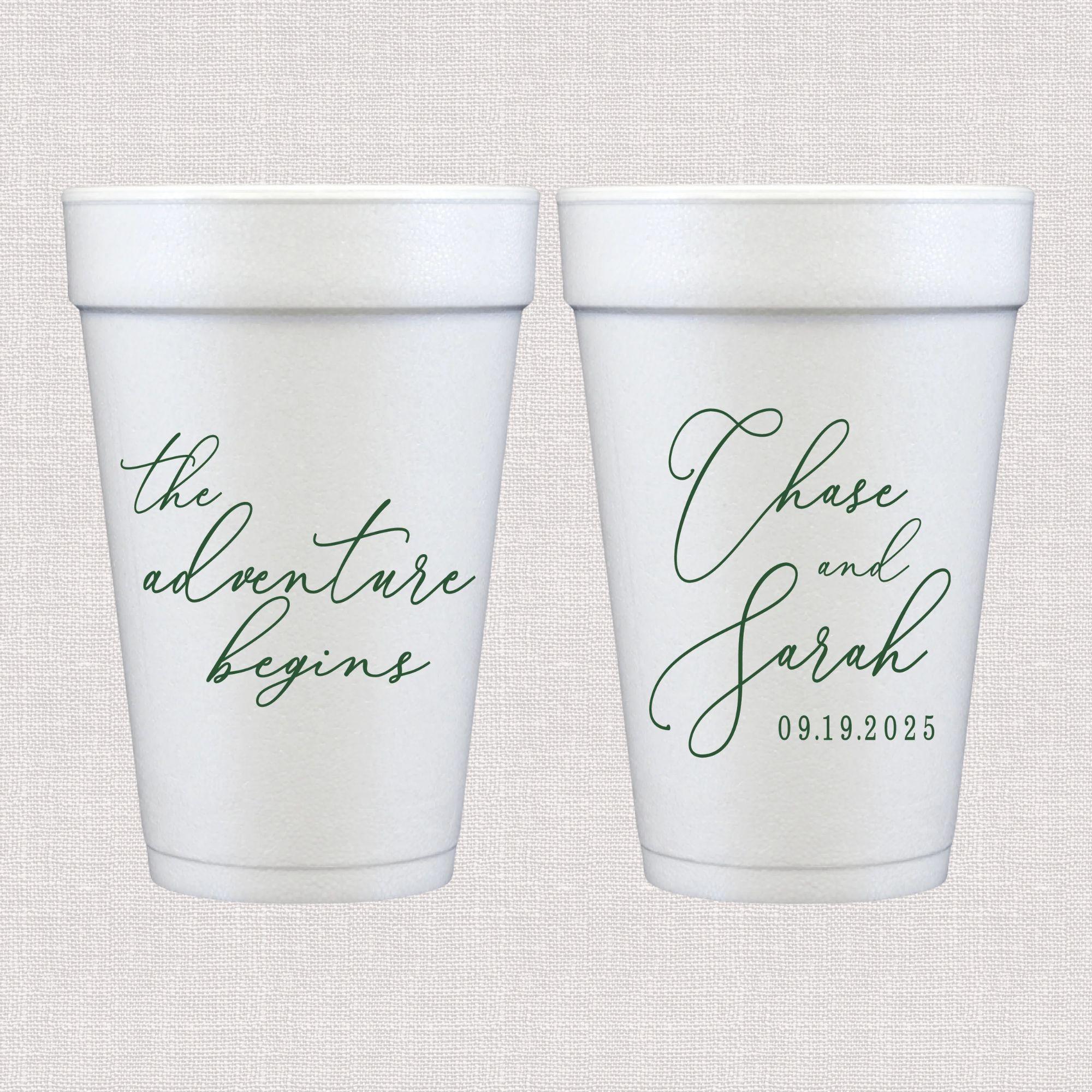 White foam cups with script wedding text and personalized couple names with date