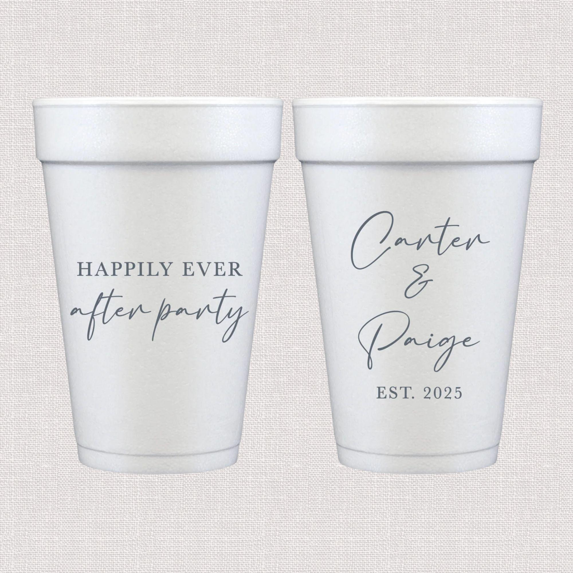 White foam cups with script wedding text and personalized couple names in navy print