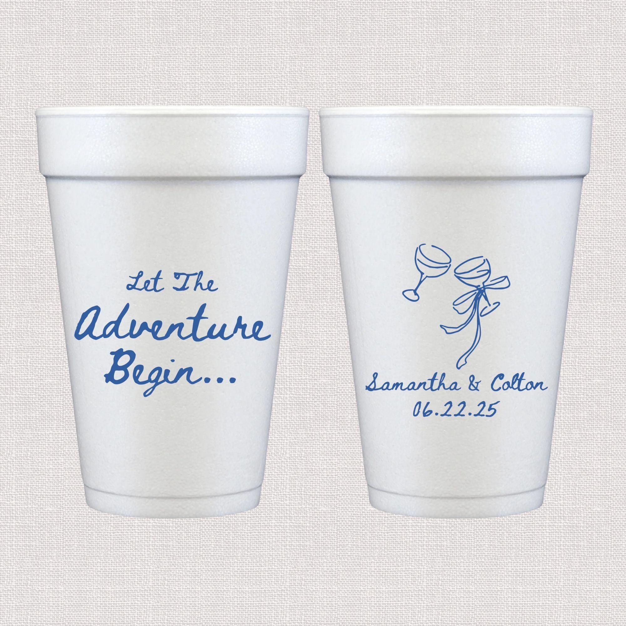 White foam cup with blue script wedding text and bow illustration design