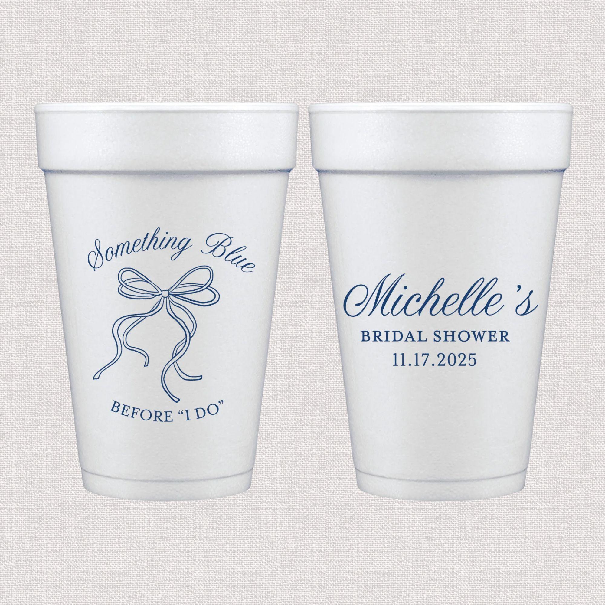 White foam cups with blue bow design and personalized bridal shower text