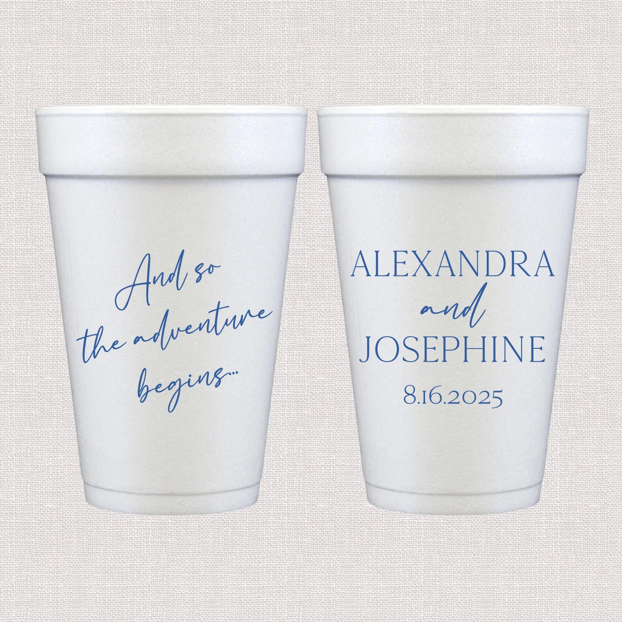 White foam cups with blue script wedding text and personalized couple names with date