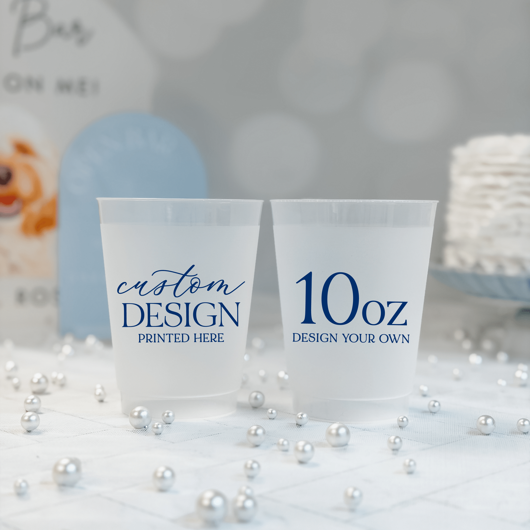 10 oz frosted shatterproof cup printed with a custom navy design for wedding receptions and showers