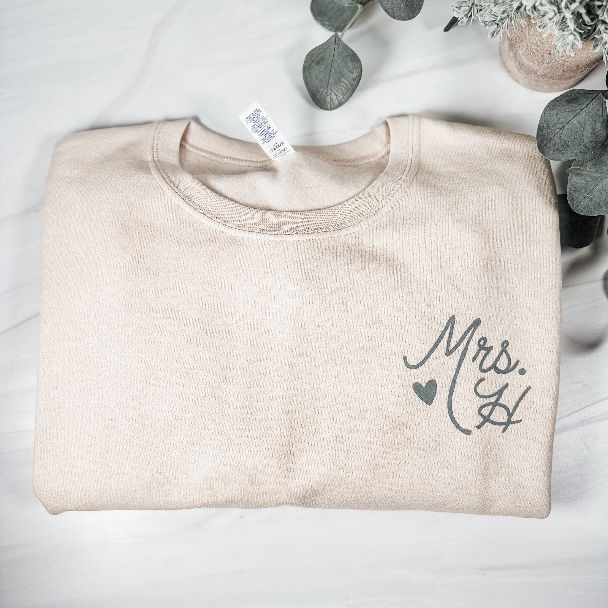Sandstone tan Mrs. crewneck sweatshirt with printed Mrs. heart and last initial