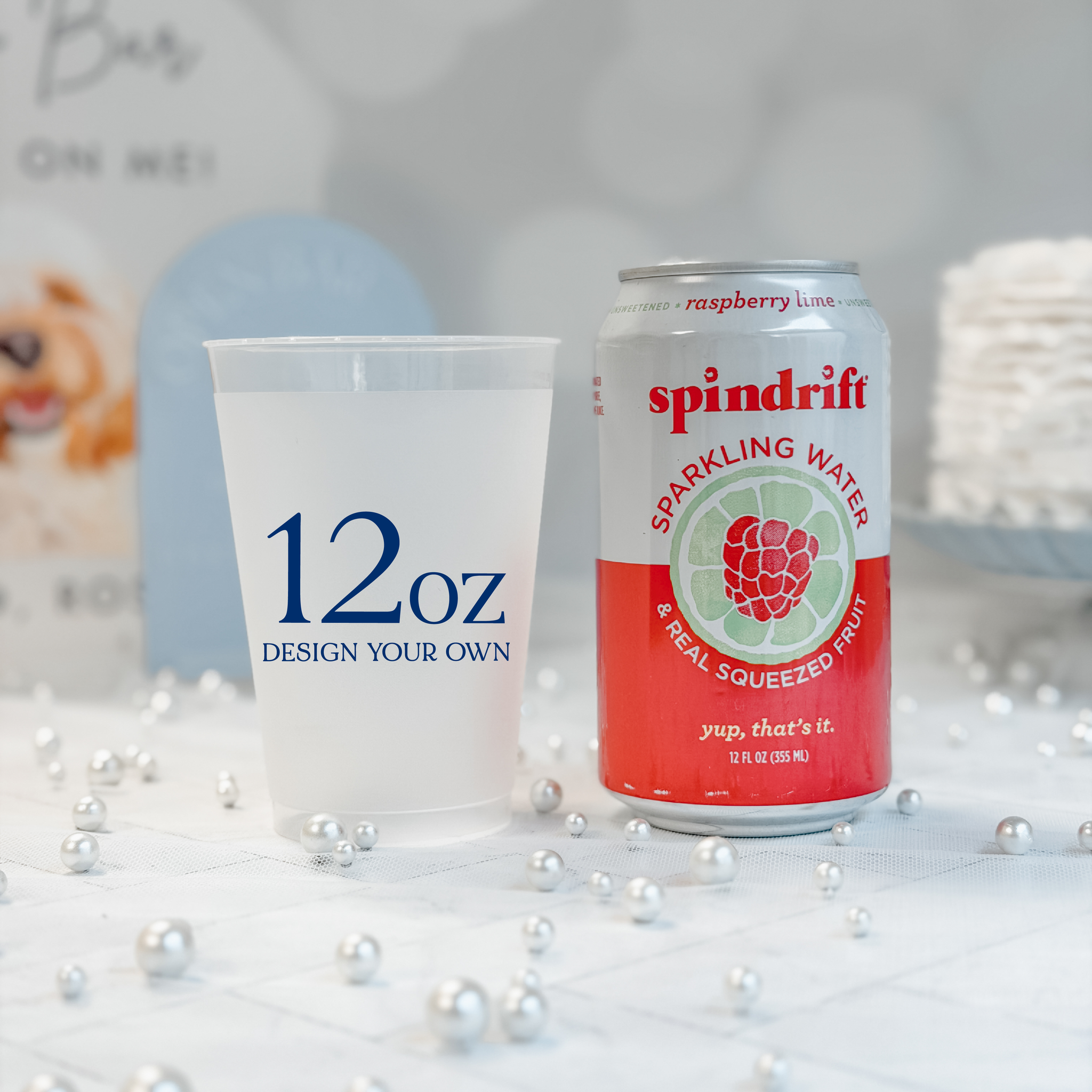 12 oz frosted shatterproof cup beside a 12 oz can for size reference, personalized navy design