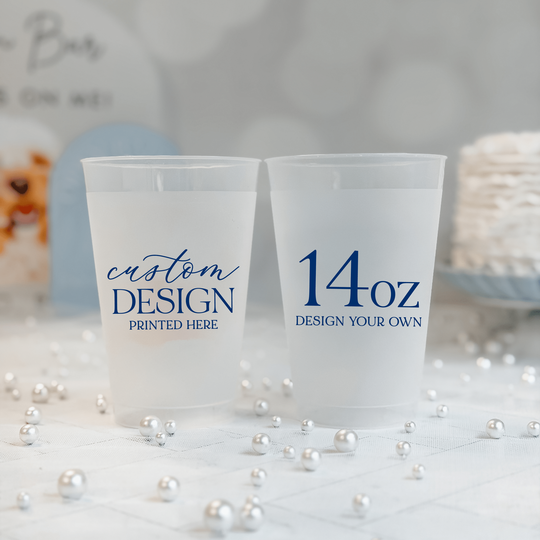 14 oz frosted shatterproof cup with your own custom design printed in navy for wedding favors