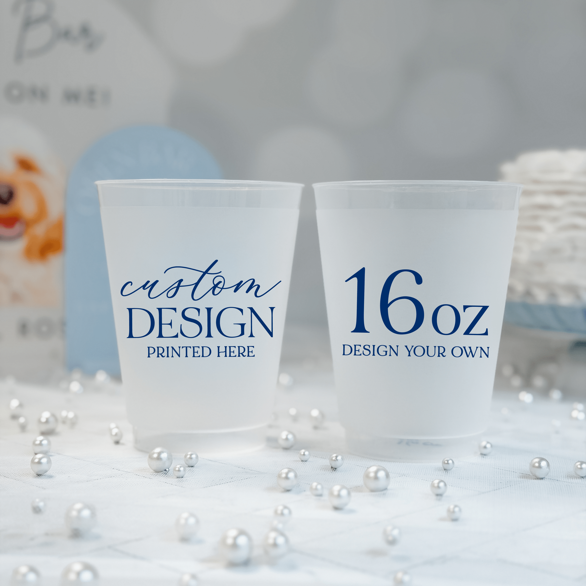 16 oz frosted shatterproof cup with custom design printed in navy, personalized party cup