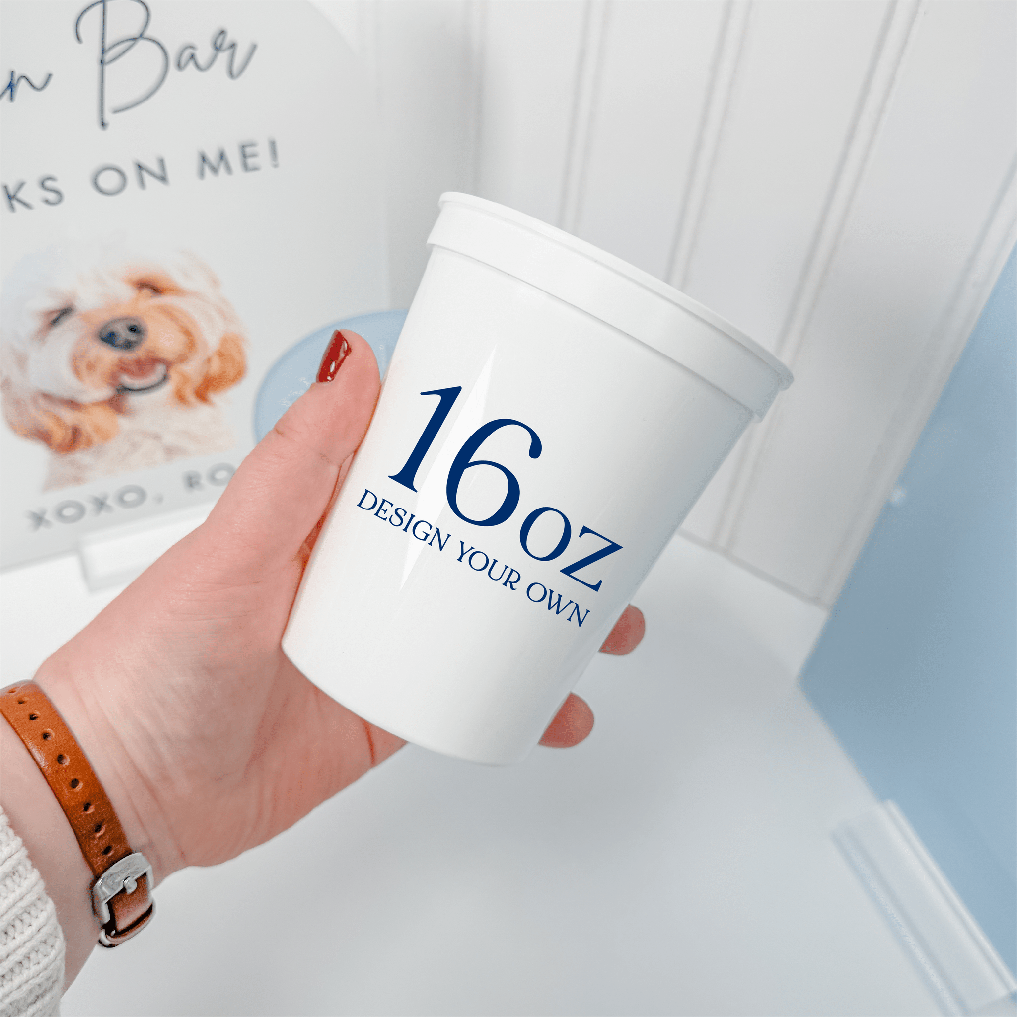 16 oz white stadium cup held in hand, personalized navy design for weddings and game day