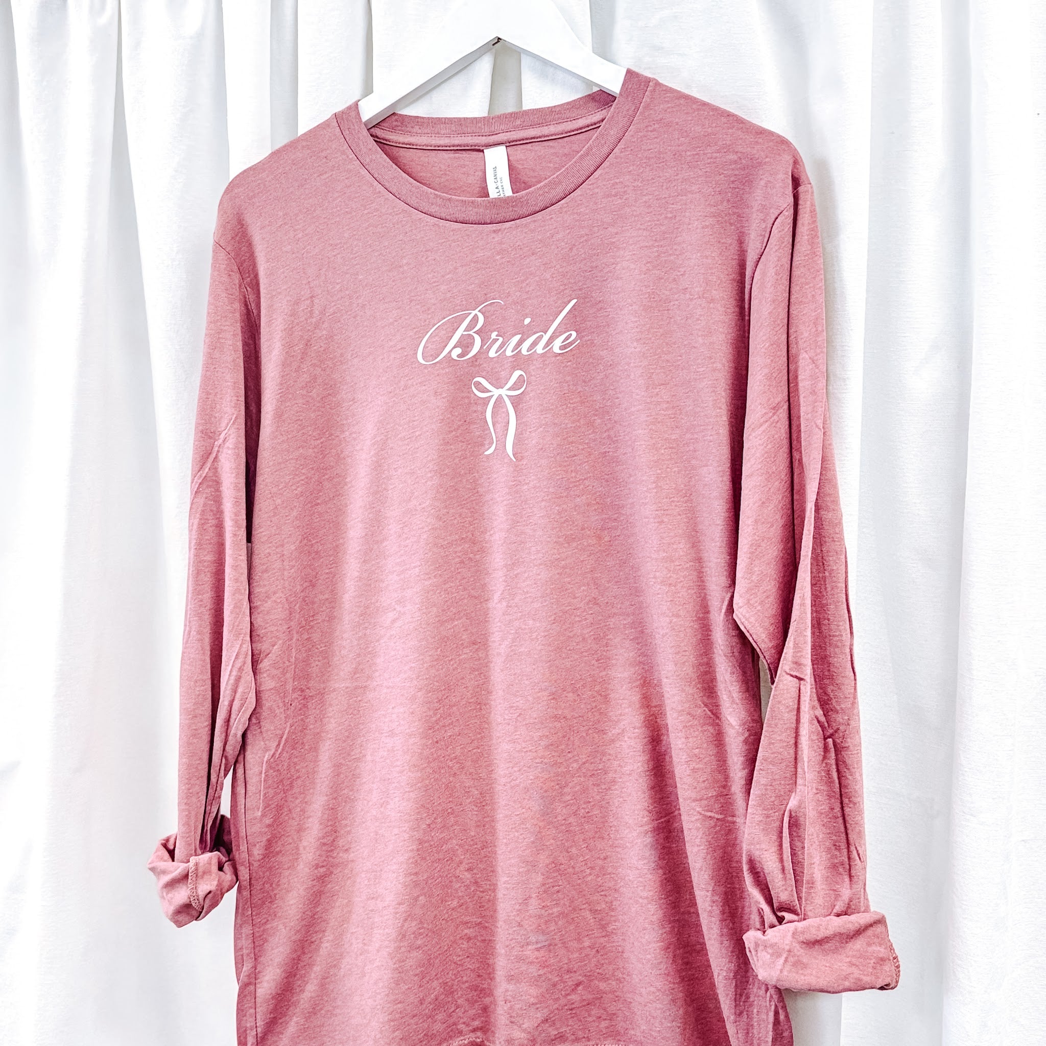 Coquette bride long sleeve tee with bow, styled