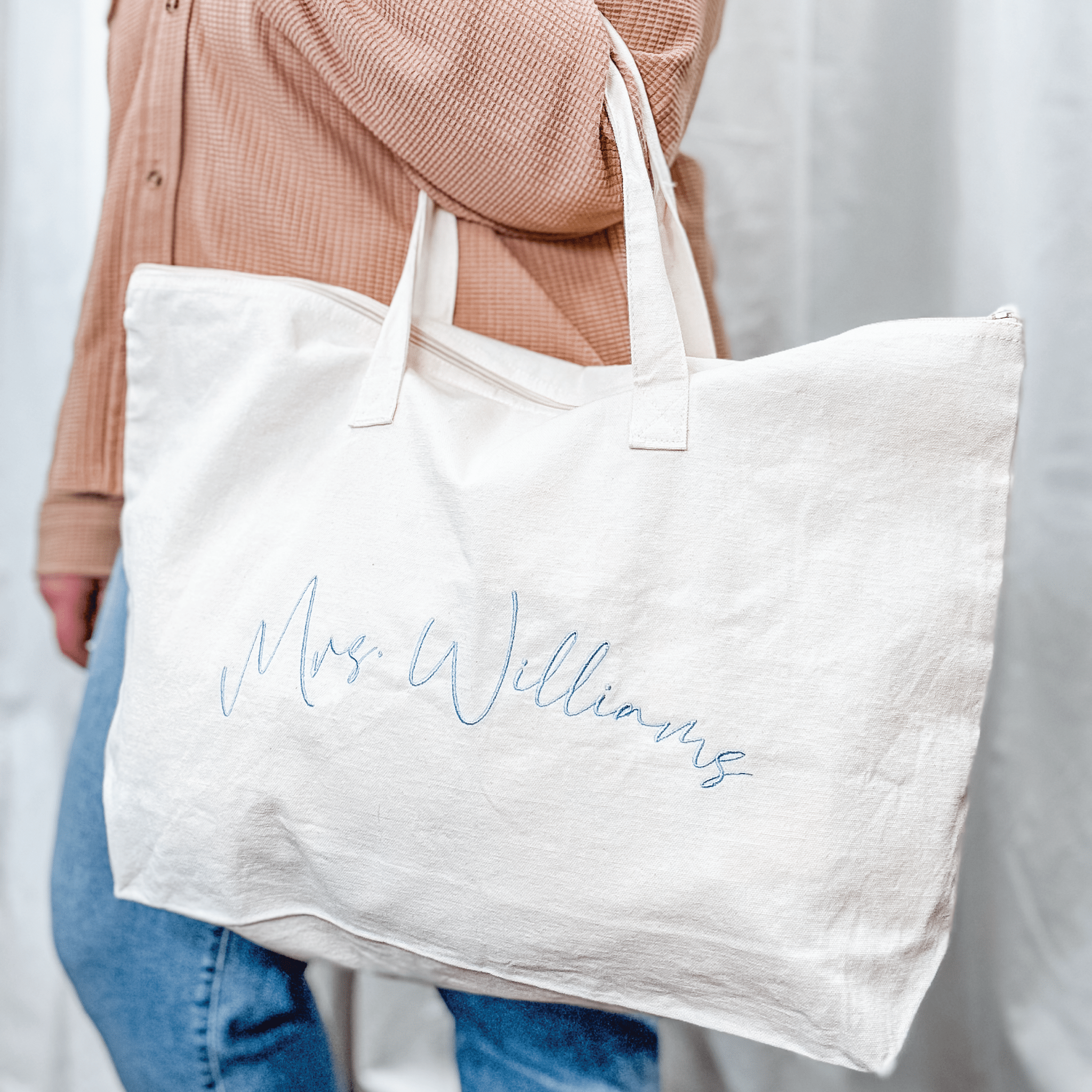 Custom embroidered Mrs. canvas tote, bride gift