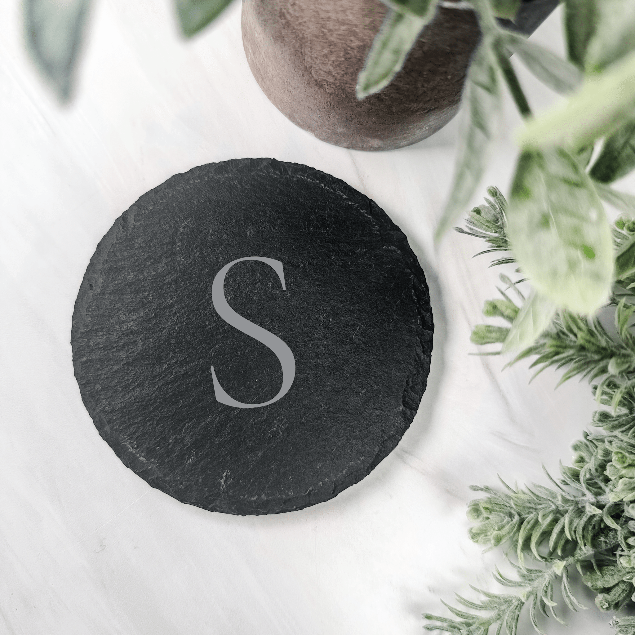 Personalized initial slate coasters in charcoal gray, gift set