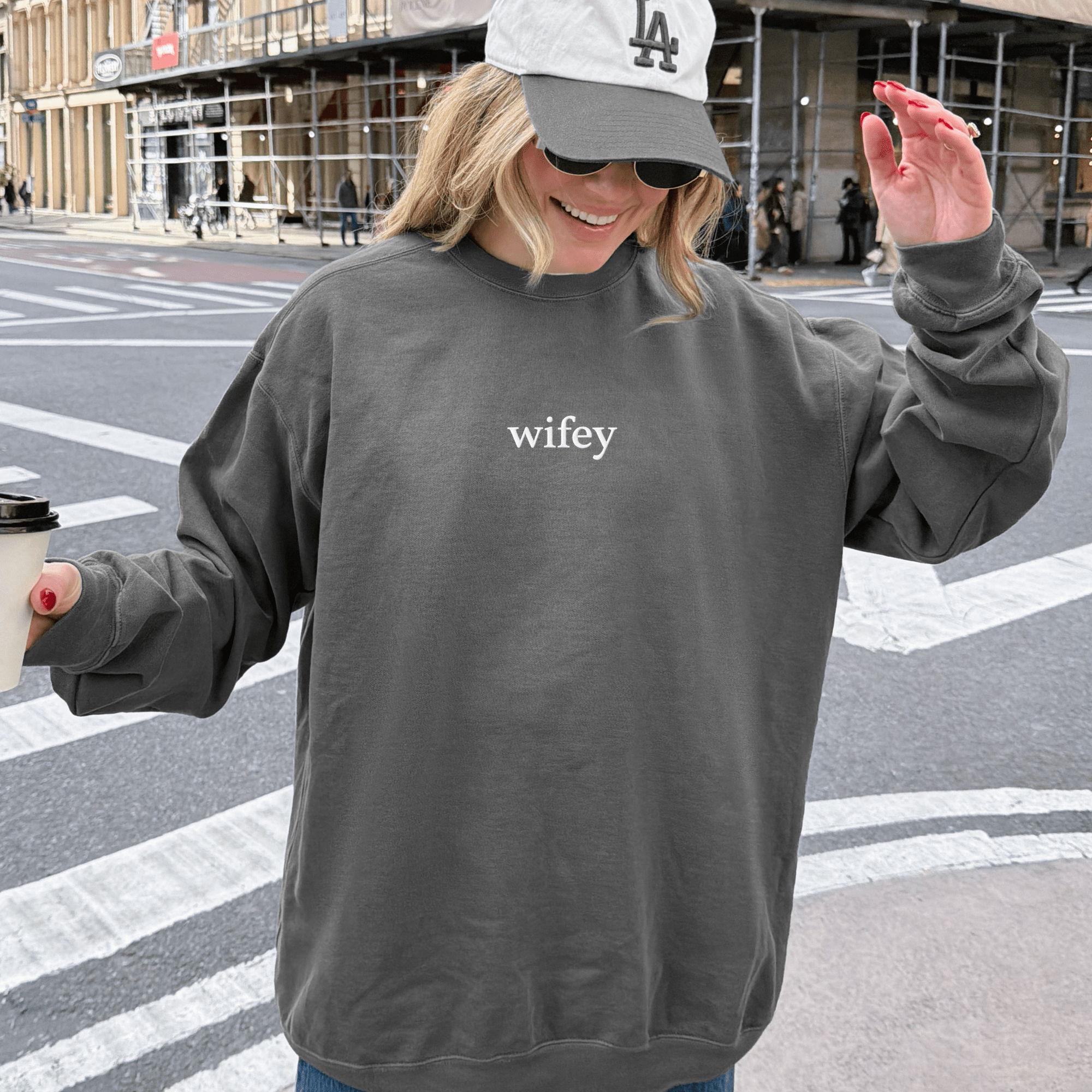 Embroidered wifey Comfort Colors crewneck sweatshirt worn oversized