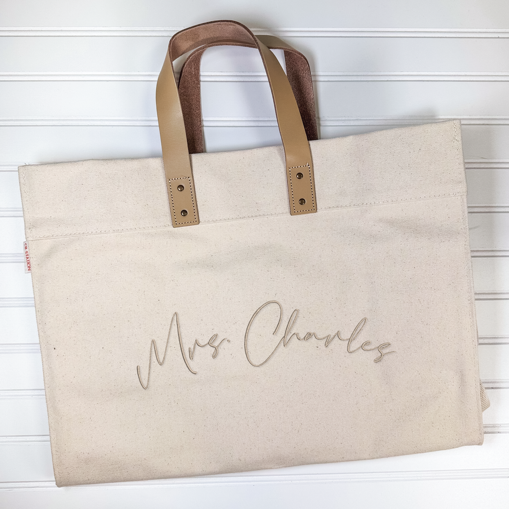 Custom embroidered canvas leather tote, bridesmaid gift