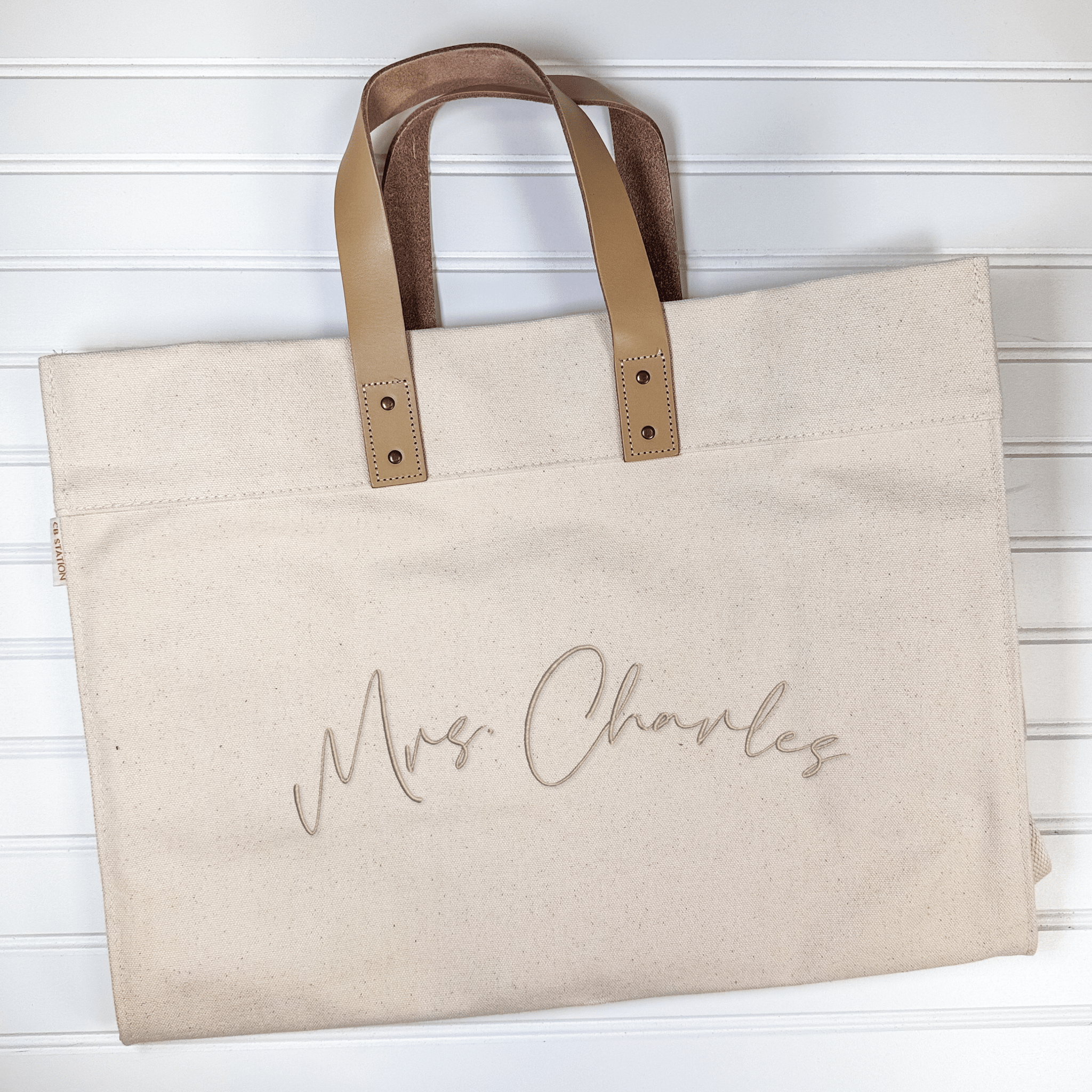 Custom embroidered canvas leather tote, bridesmaid gift