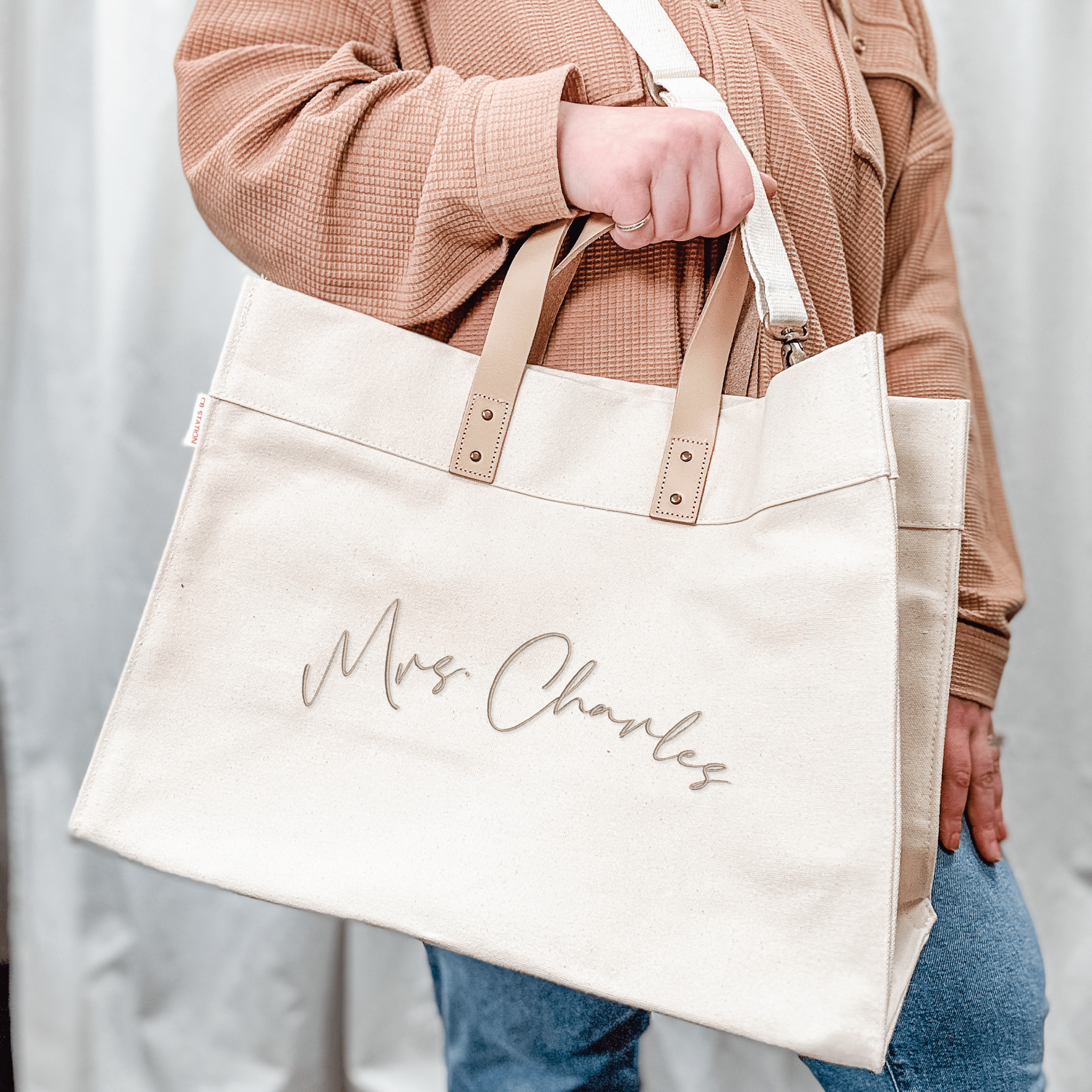 Personalized canvas and leather tote bag with embroidered monogram