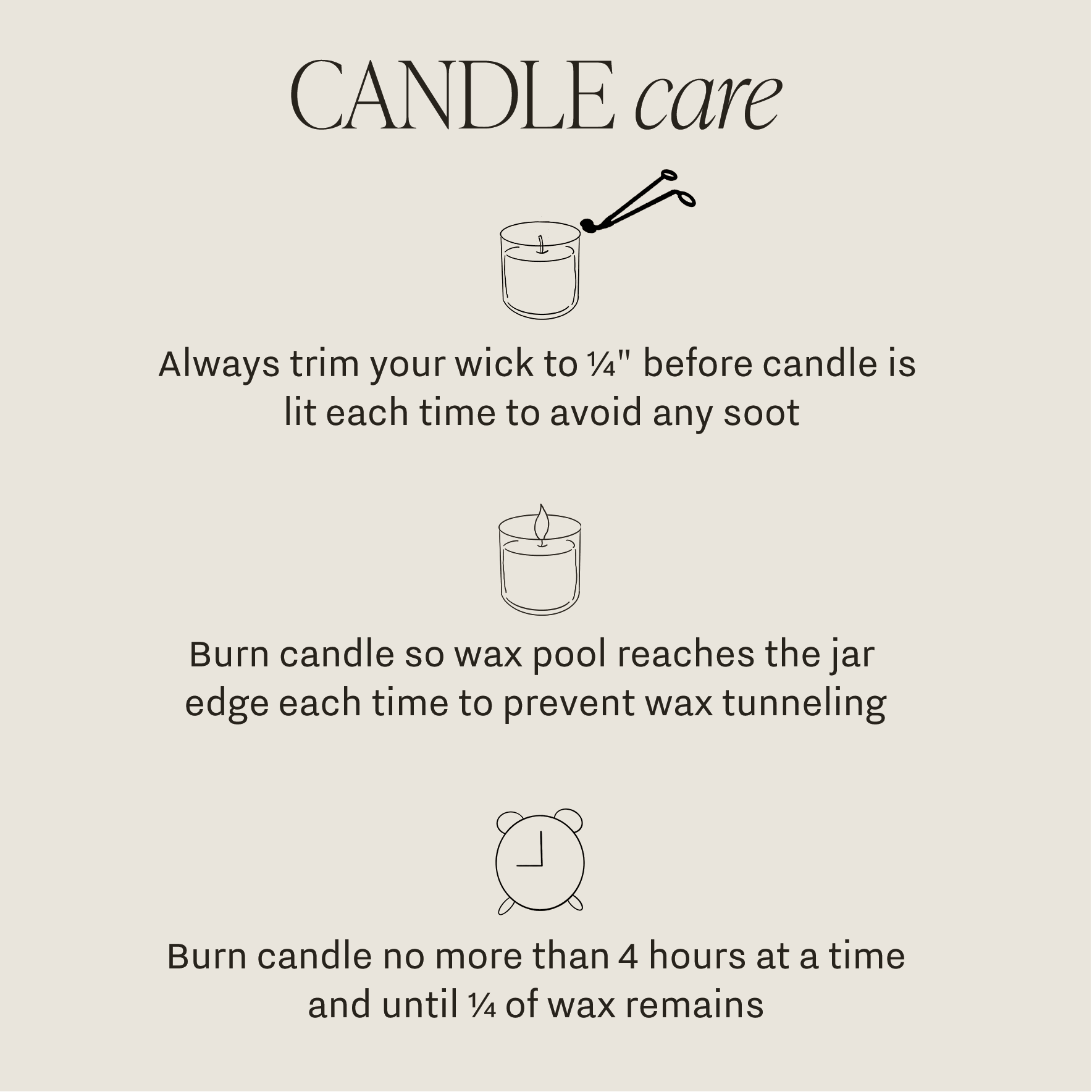 Candle care instruction card with three illustrated tips on beige background: trimming wick to 1/4 inch, burning until wax reaches jar edge, and limiting burn time to 4 hours.