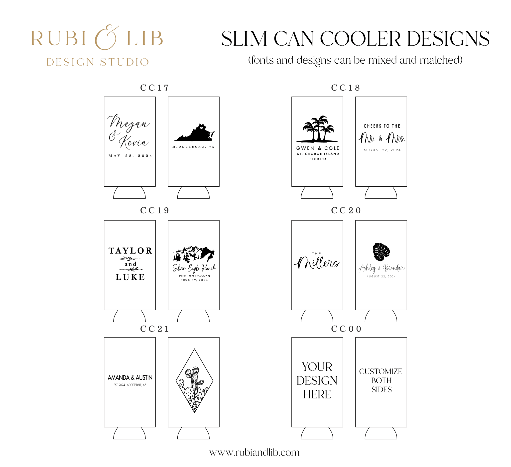 Slim can cooler design options with personalized wedding text and destination-themed illustrations in black and white