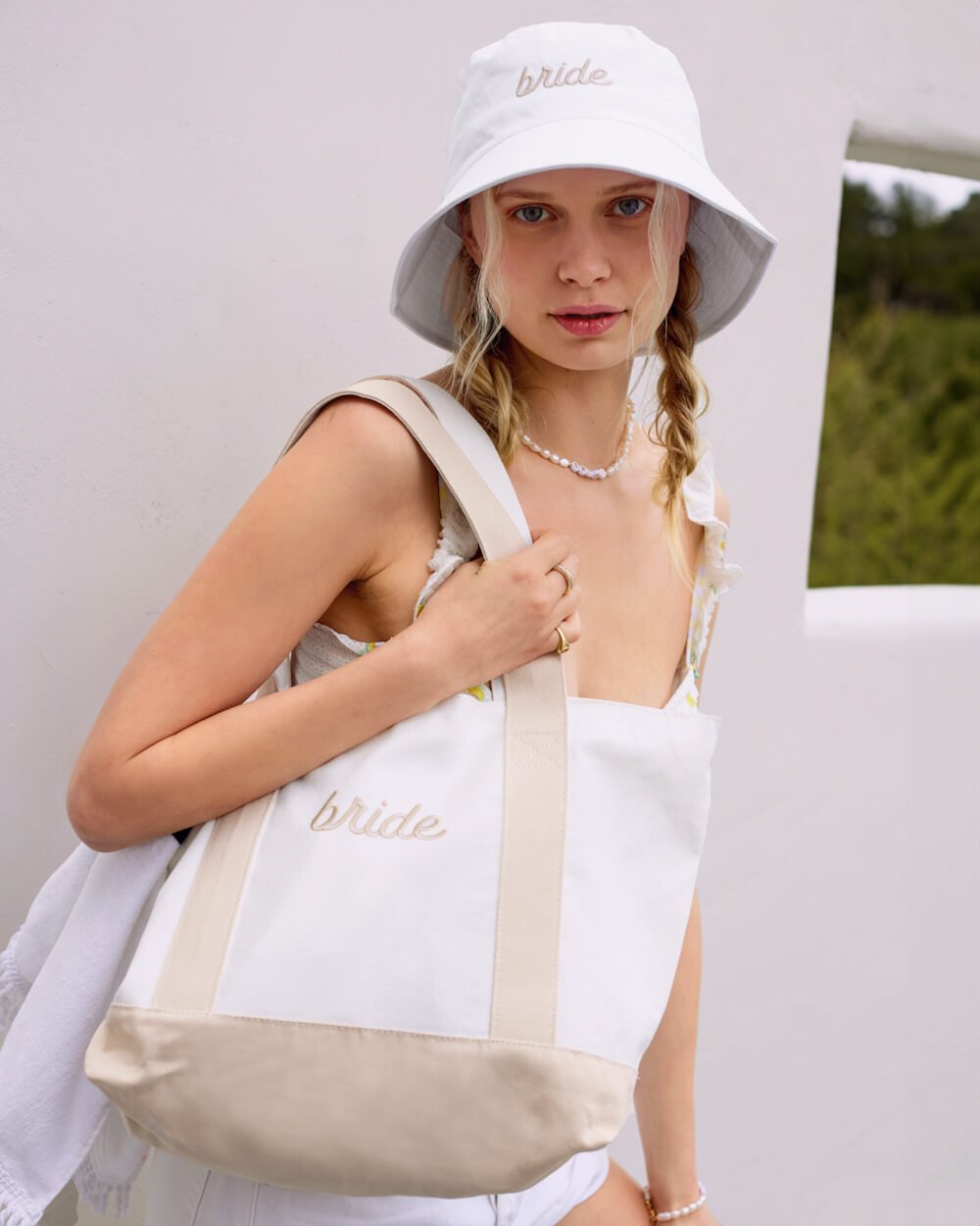 Beige embroidered Bride cotton tote — styled view