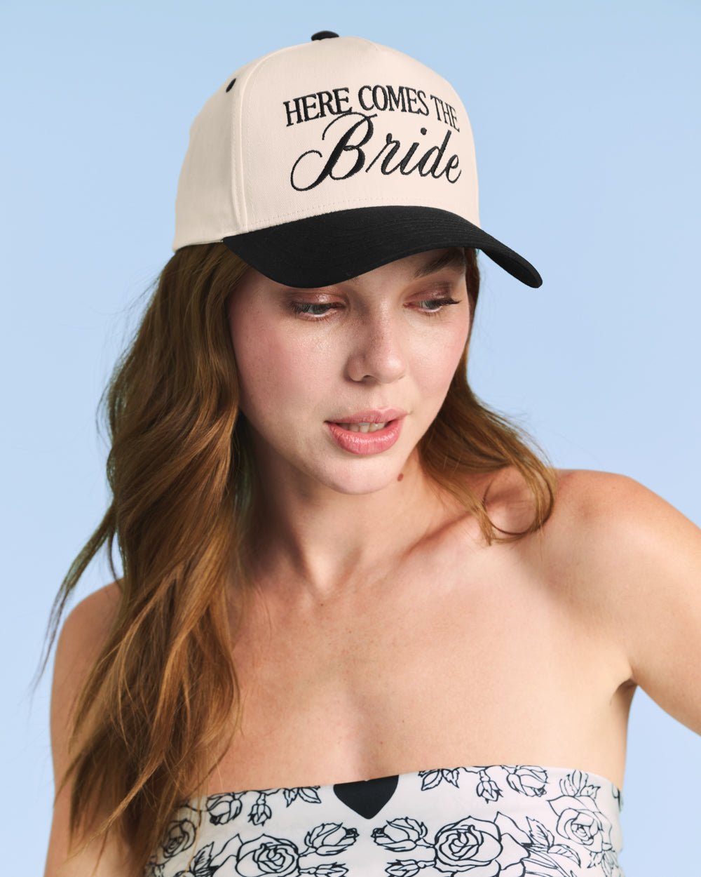 Here Comes the Bride Hat embroidered trucker hat — detail view