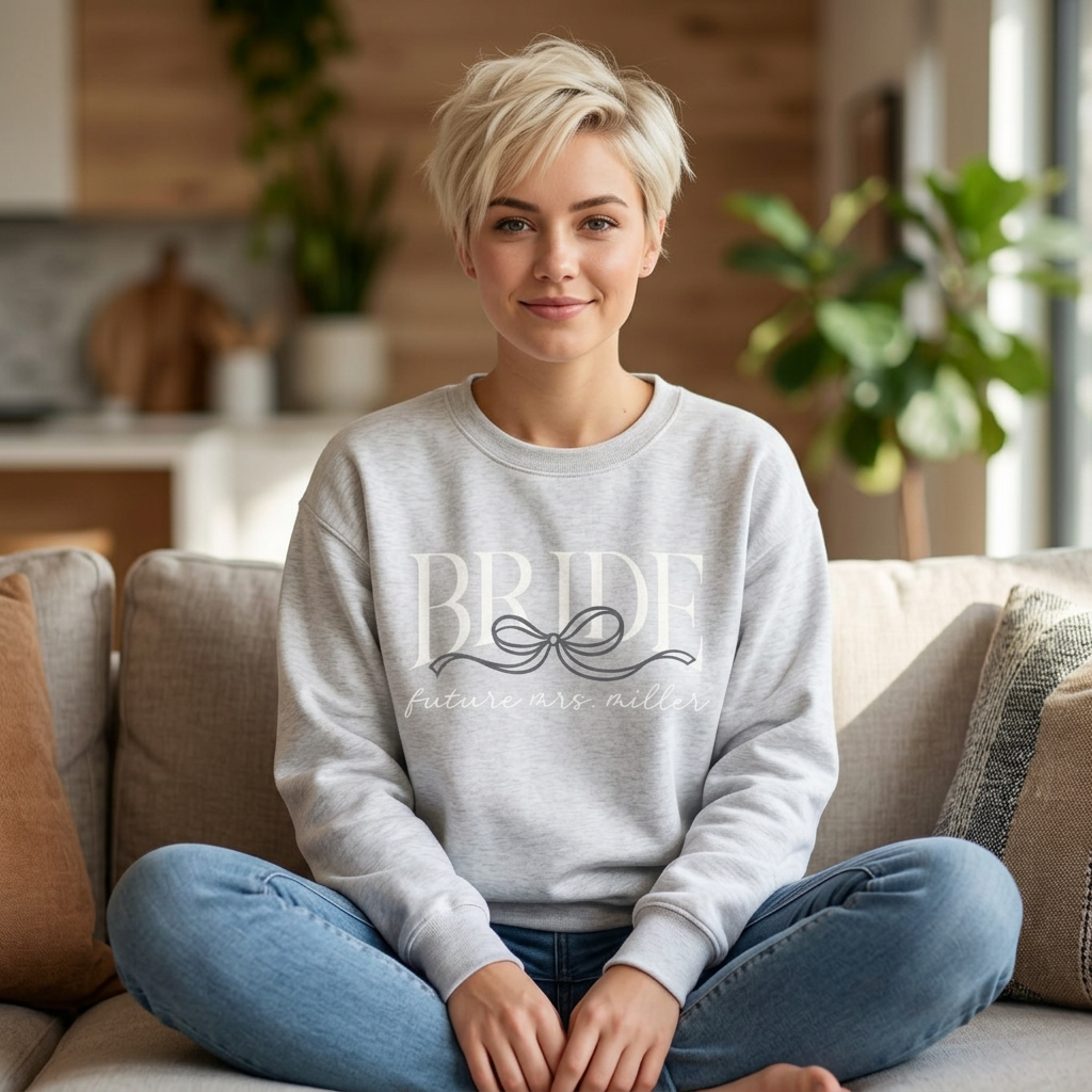 Bow Bride sweatshirt close-up detail showing bow graphic and bridal text on soft fabric