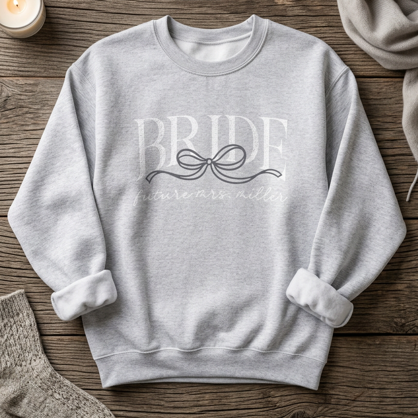 Bow Bride crewneck sweatshirt - personalized bridal sweatshirt with bow design, shown in light blue