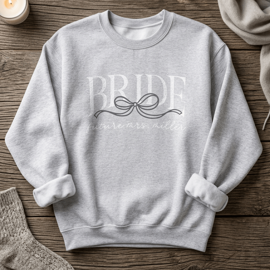 Bow Bride crewneck sweatshirt - personalized bridal sweatshirt with bow design, shown in light blue