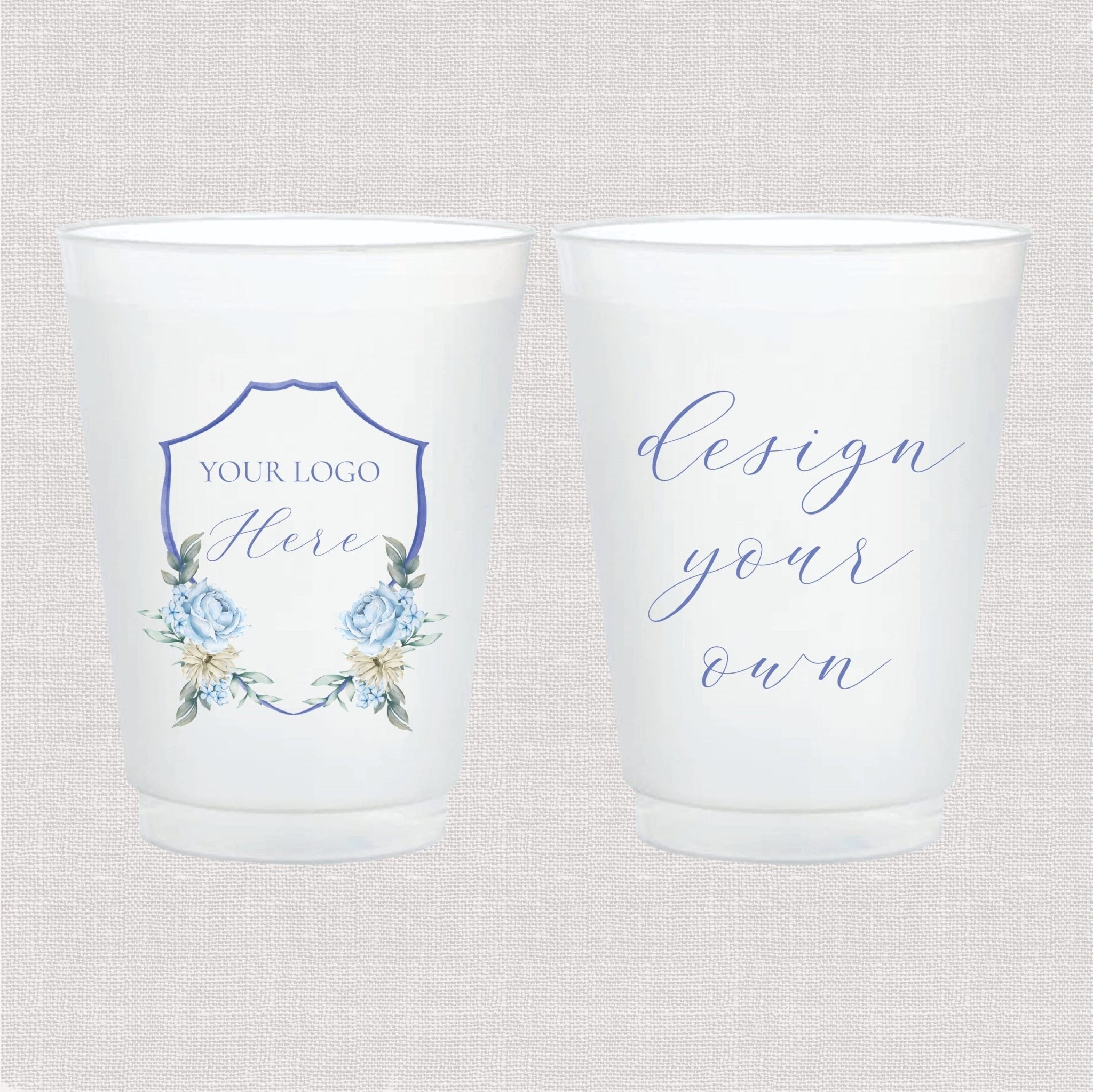 Two frosted white plastic cups with blue floral design and customizable text areas for logo and personalization.