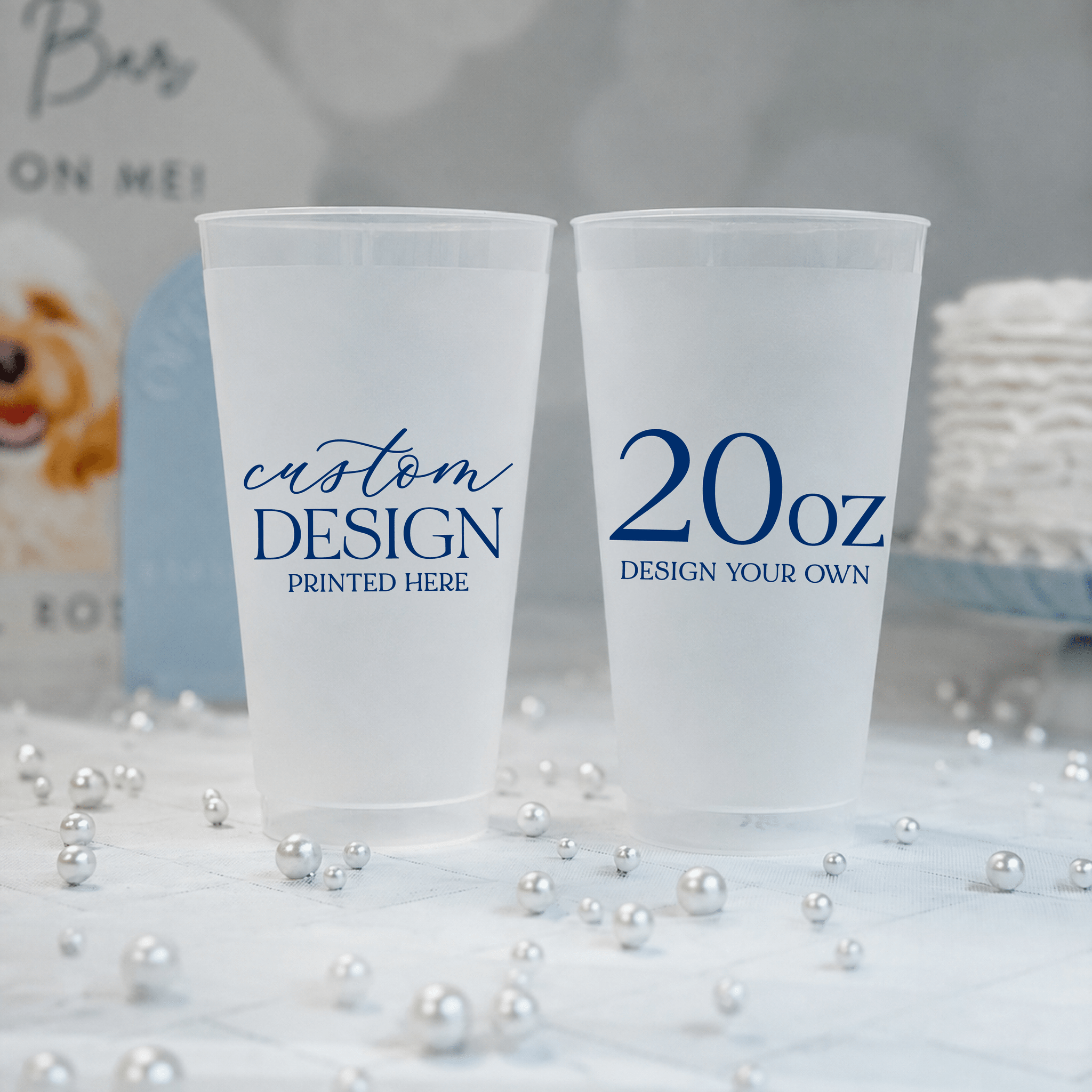20 oz frosted shatterproof cups personalized with a custom navy design for wedding receptions