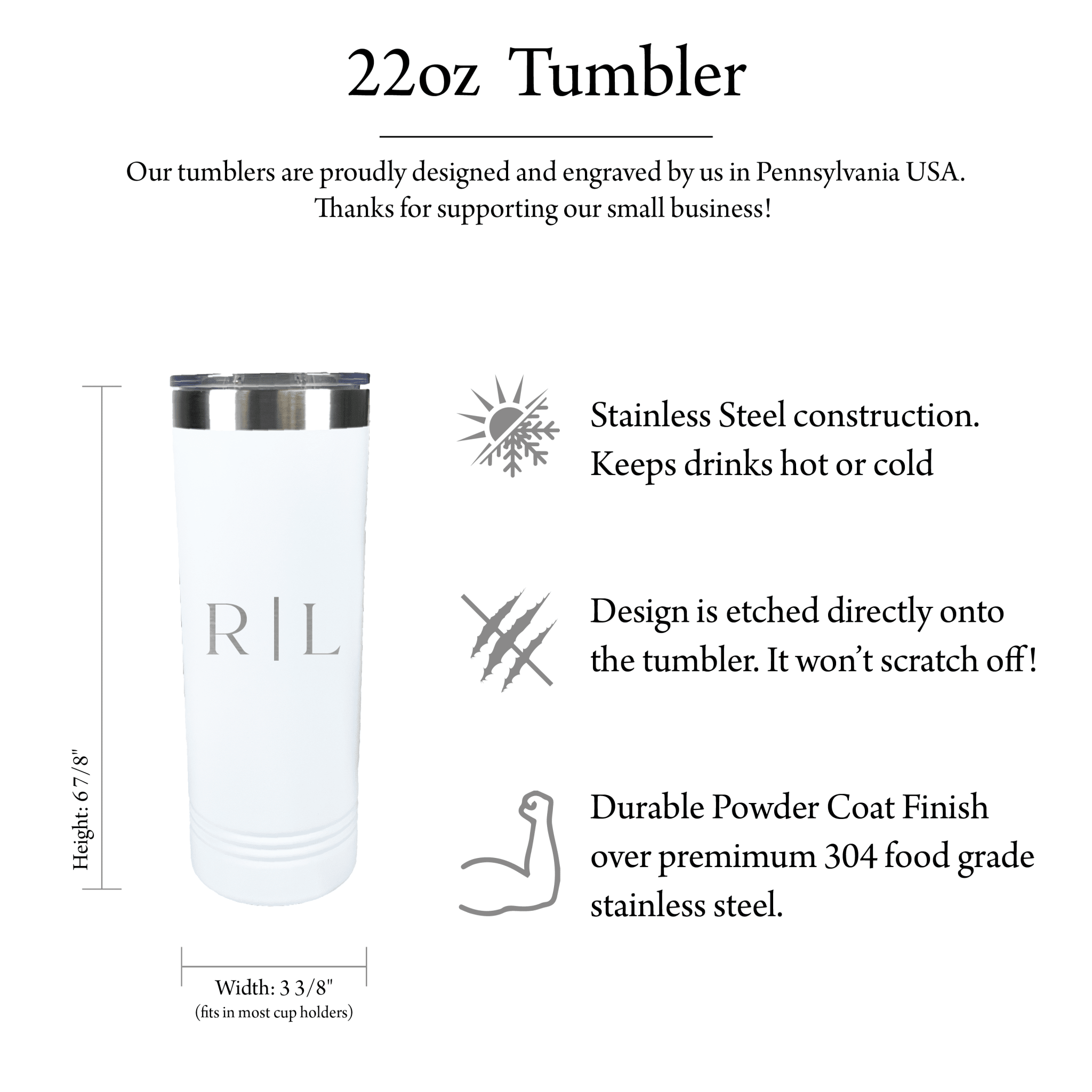 White 22oz stainless steel tumbler with "RJL" monogram etched on front and black lid