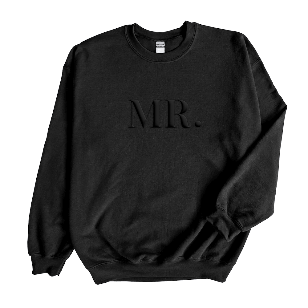 Black crewneck sweatshirt with embossed MR puff print design on chest