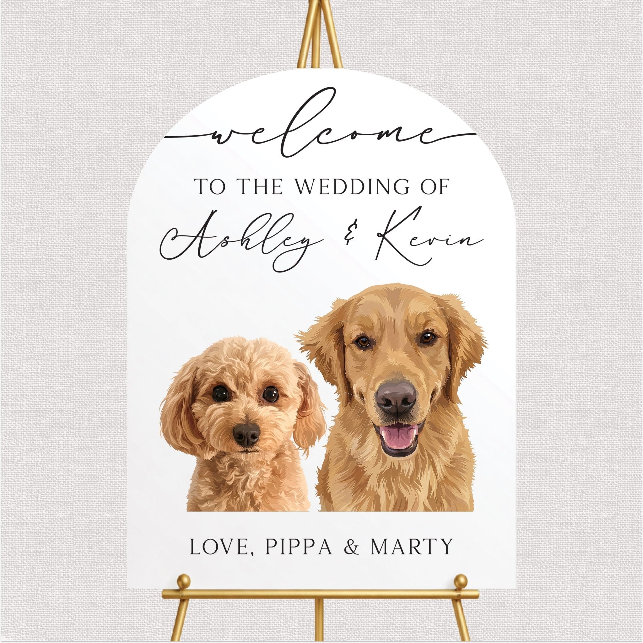 White wedding welcome sign with two dog portraits and personalized couple text design