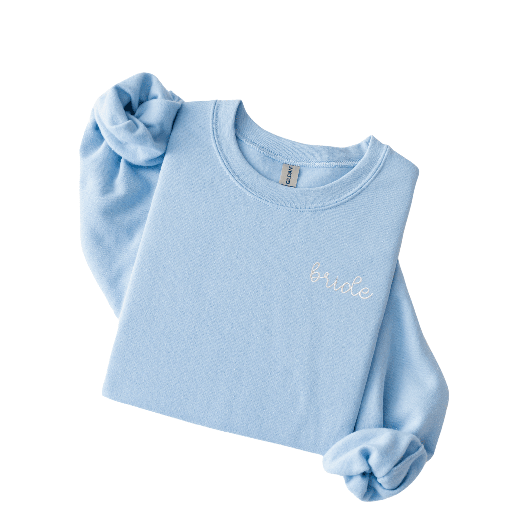 Light blue crewneck sweatshirt with "bride" embroidered in white script on the chest and gathered sleeves.