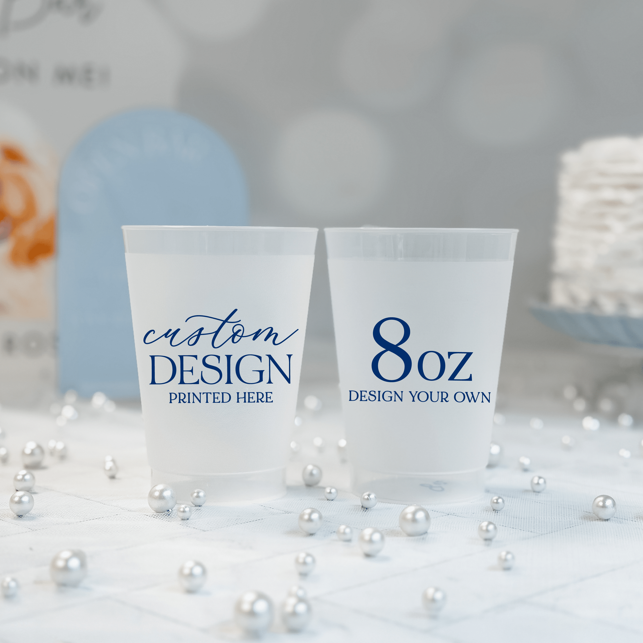 8 oz frosted shatterproof cup with custom design printed in navy, personalized wedding party cup