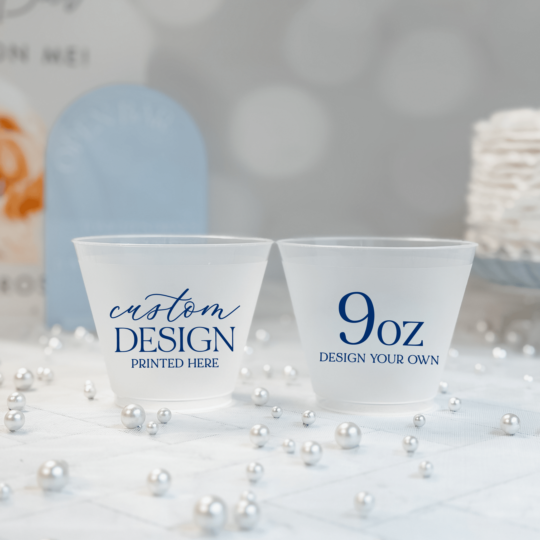 9 oz frosted shatterproof cup personalized with a custom navy design for weddings and parties