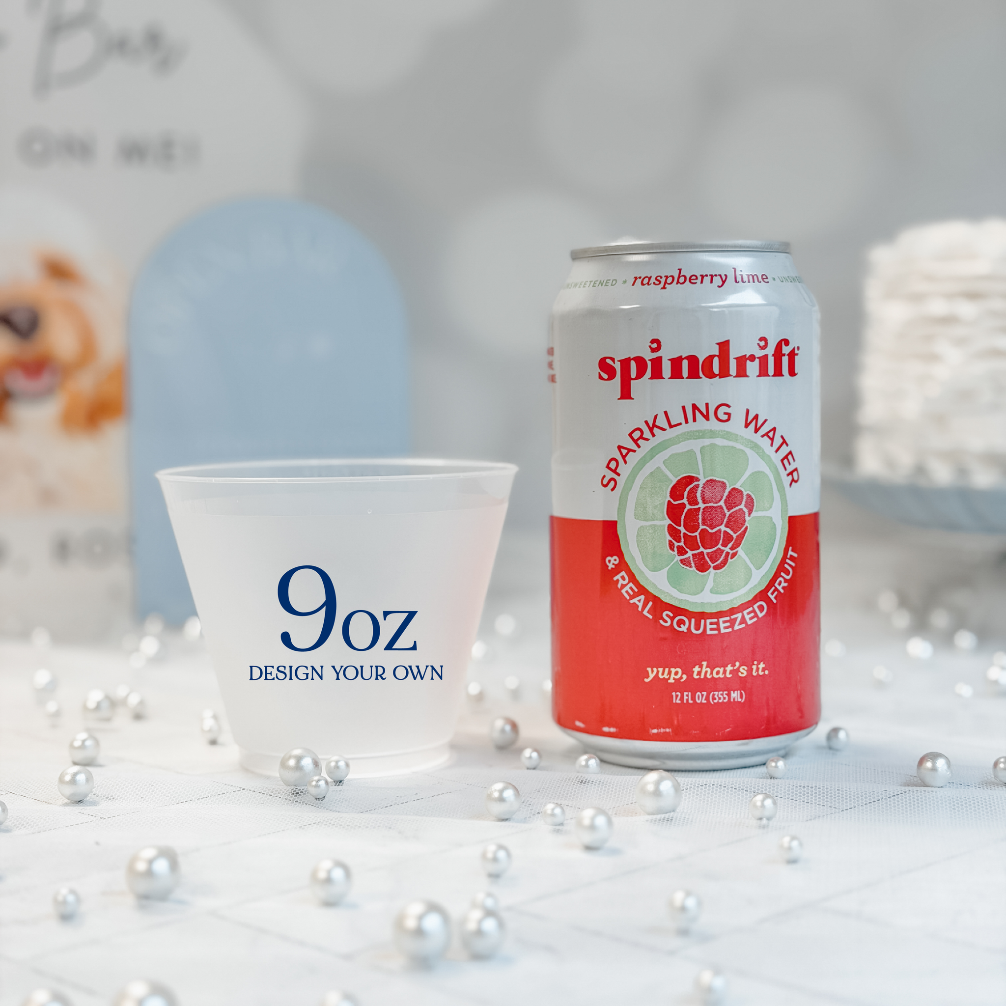 9 oz frosted shatterproof cup shown beside a 12 oz can for scale, personalized navy design