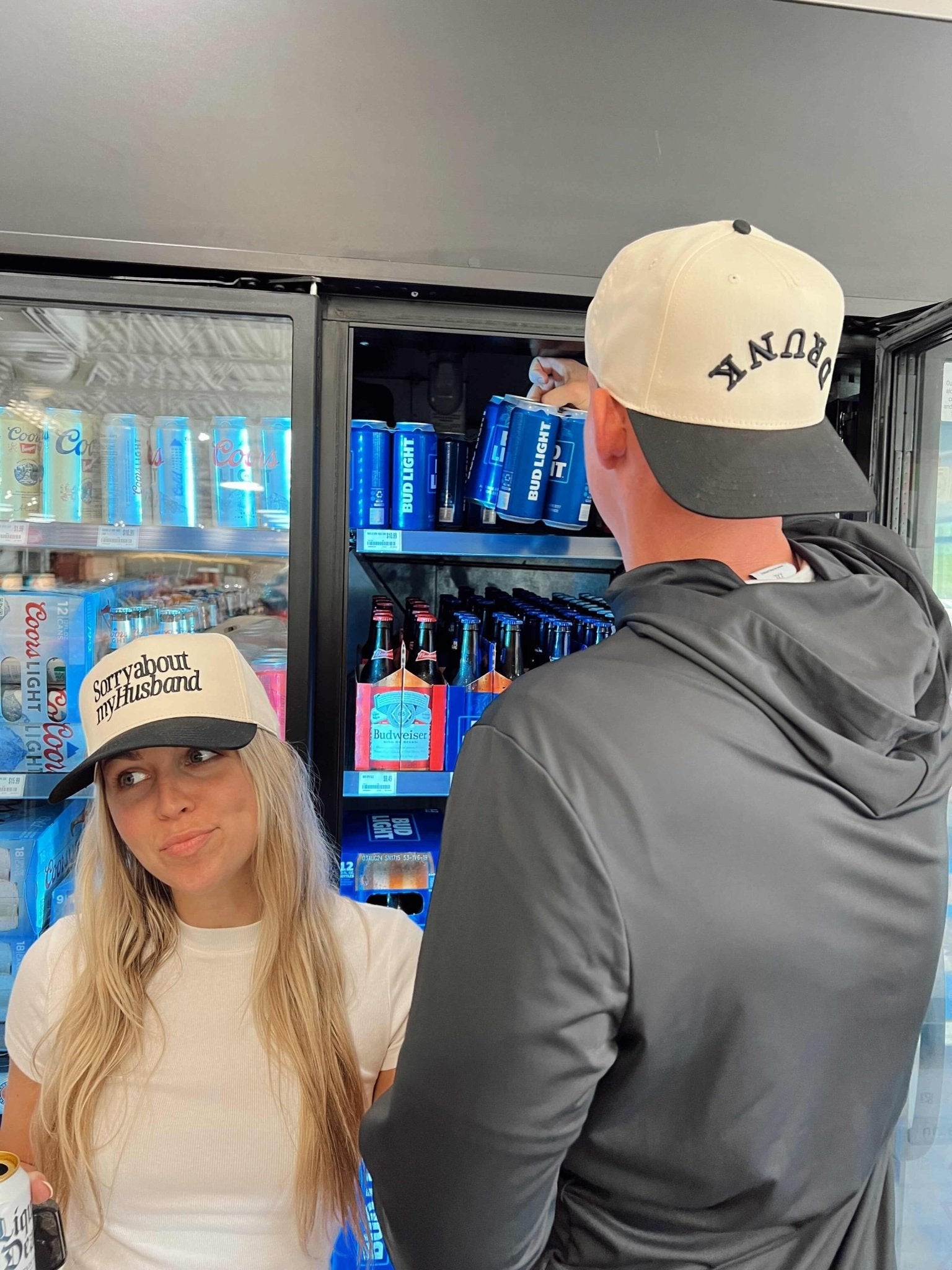 Cream and gray vintage trucker hat with "DRUNK" text printed on the front.