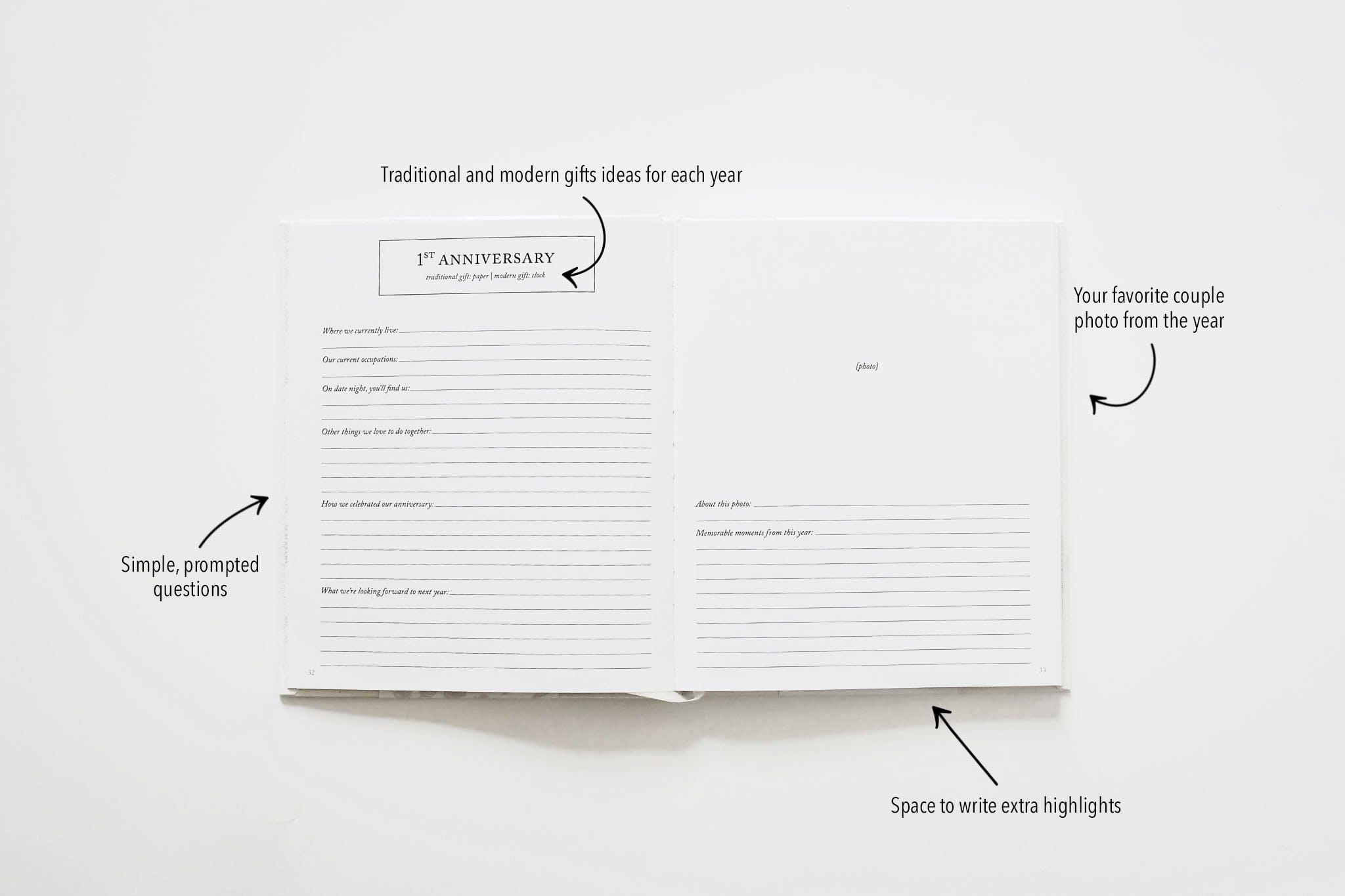 White anniversary journal book opened with lined pages and space for writing, pen included