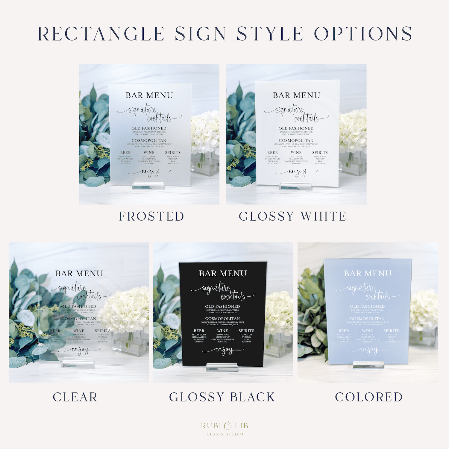 Five acrylic bar menu signs displaying different finishes: frosted, glossy white, clear, glossy black, and colored options with greenery botanical design.