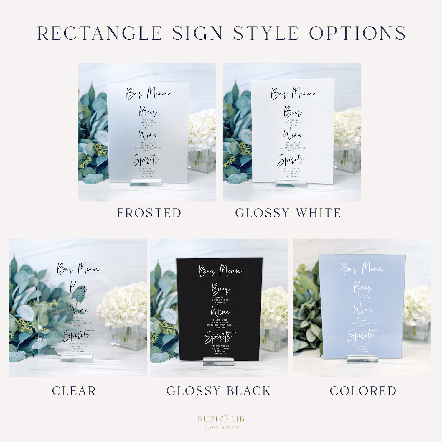 Rectangle sign style options showing frosted, glossy white, clear, glossy black, and colored finishes with floral design and personalized text
