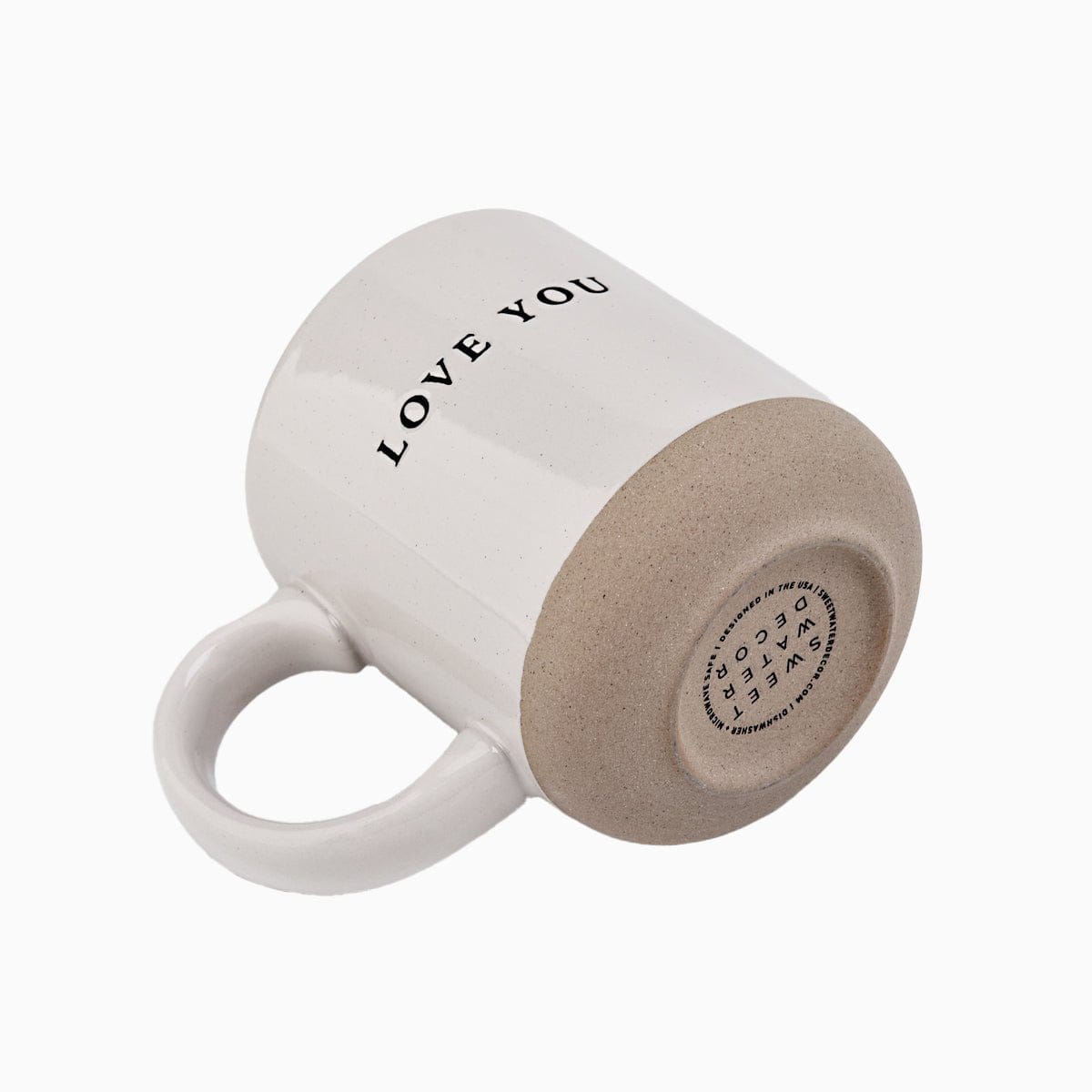 Cream stoneware mug with "I LOVE YOU" text and textured tan base, 14oz coffee cup with white handle.