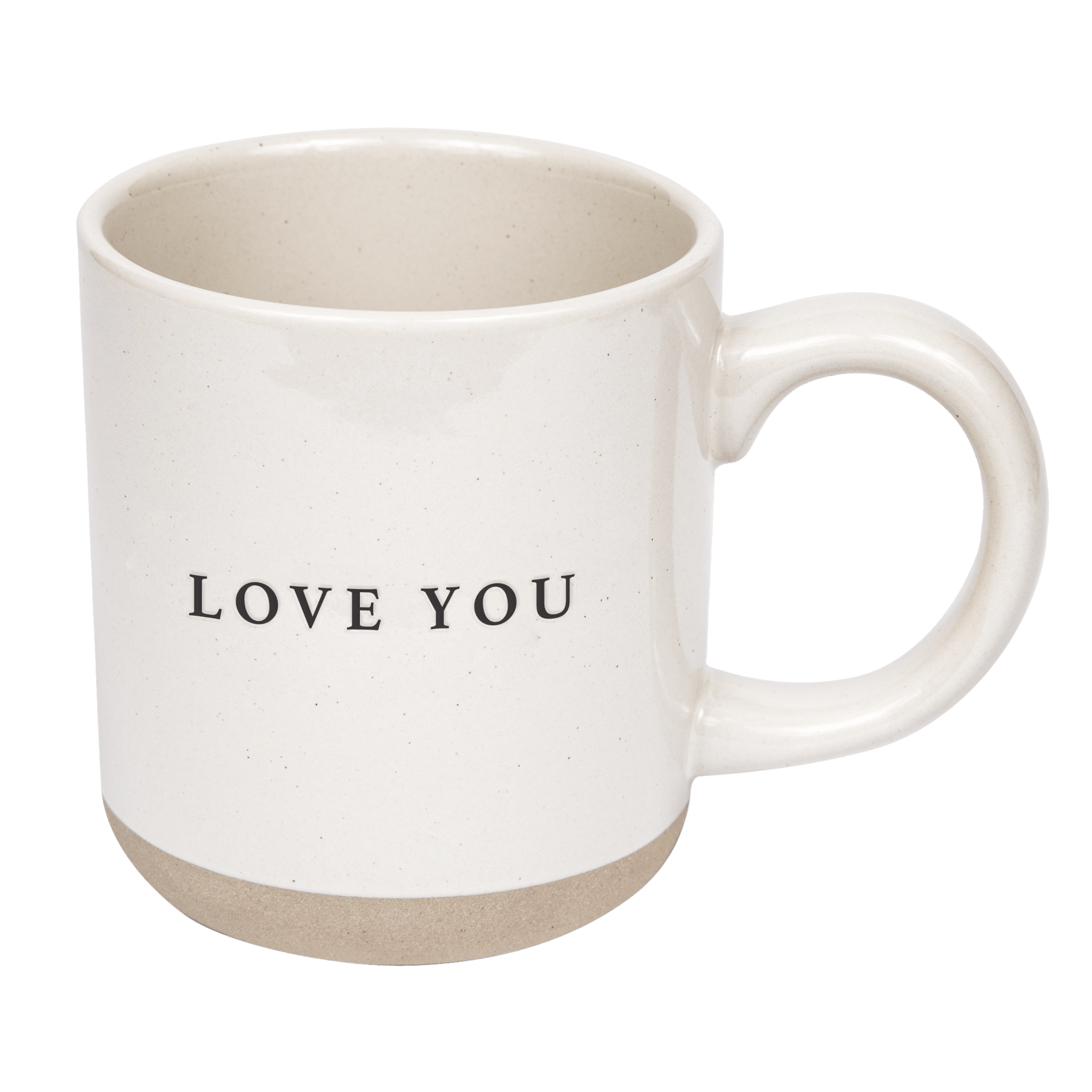 White stoneware mug with "LOVE YOU" text, beige base, 14oz coffee mug with handle