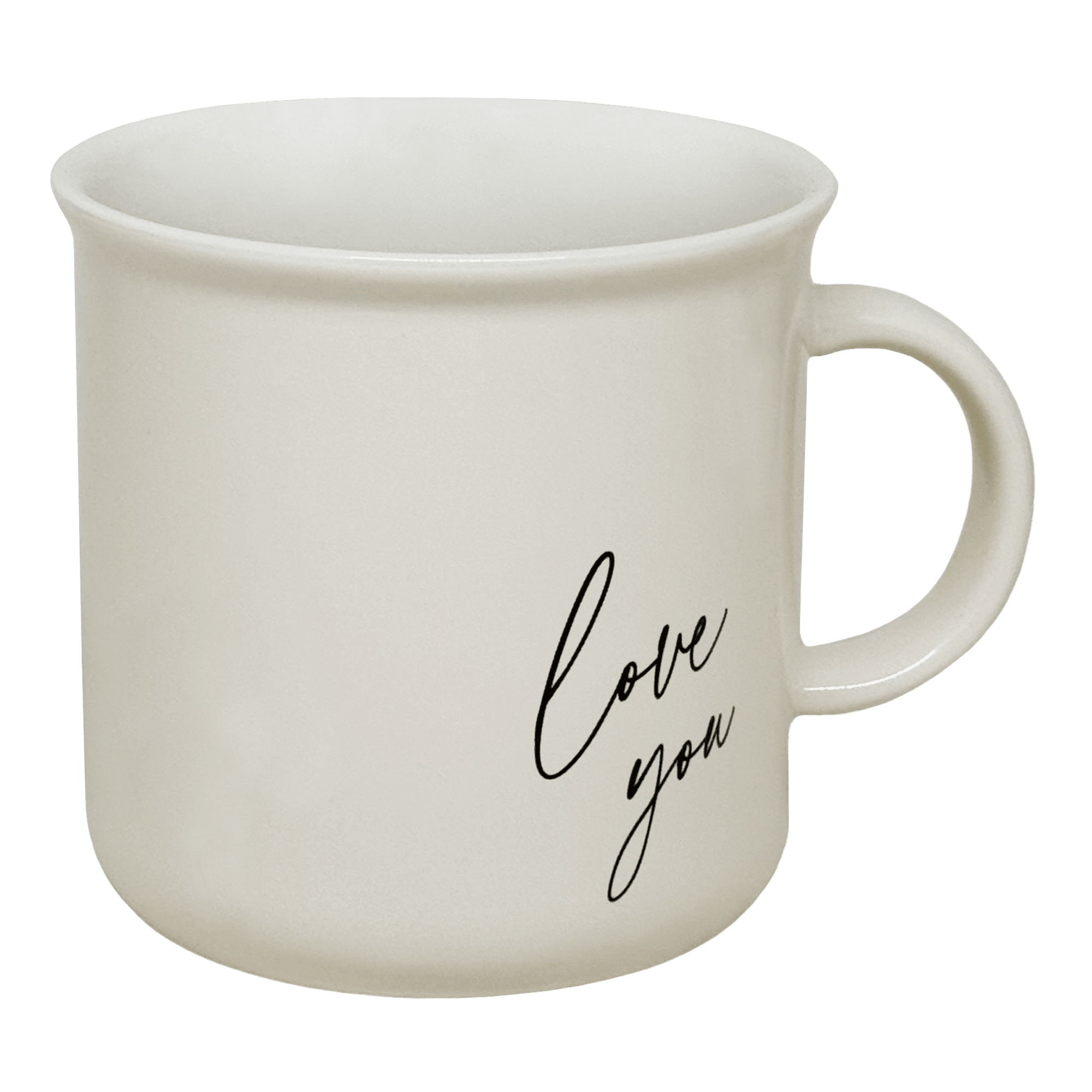 Cream ceramic coffee mug with "love you" handwritten script text in black ink