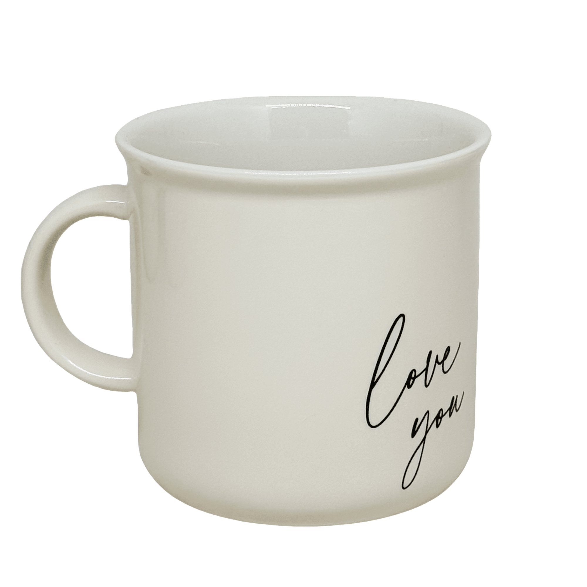 Cream ceramic coffee mug with "love you" handwritten script text on front