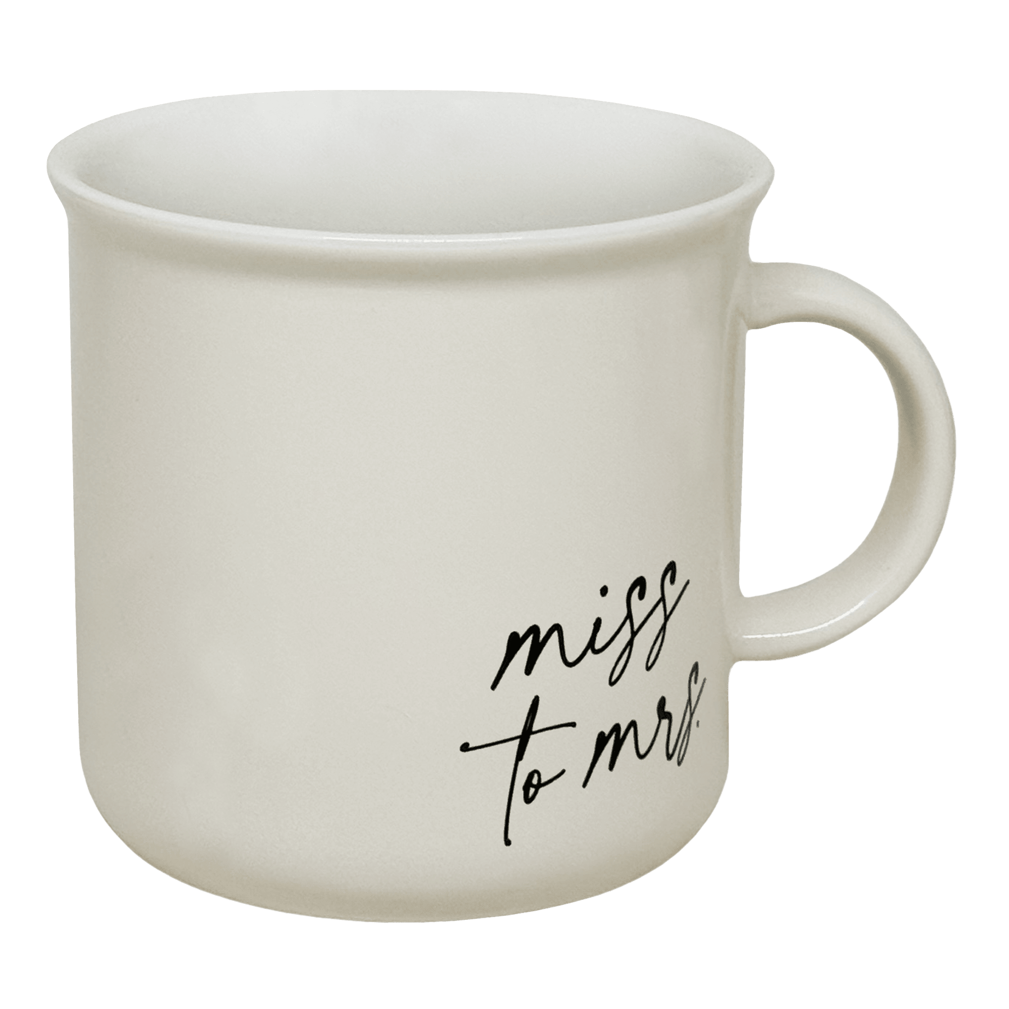 Cream ceramic coffee mug with "miss to mrs" handwritten text design