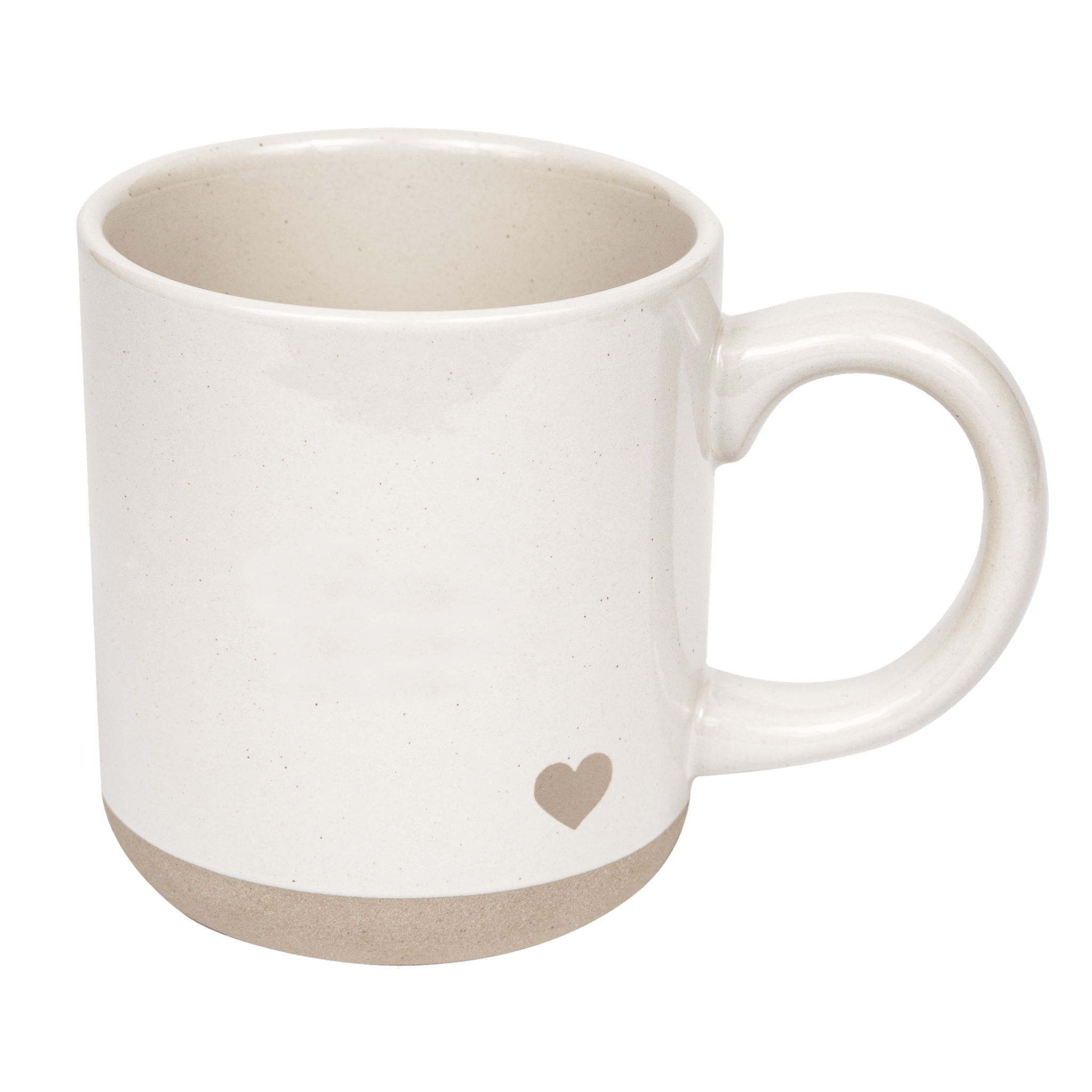 White ceramic mug with small heart design and natural stoneware base
